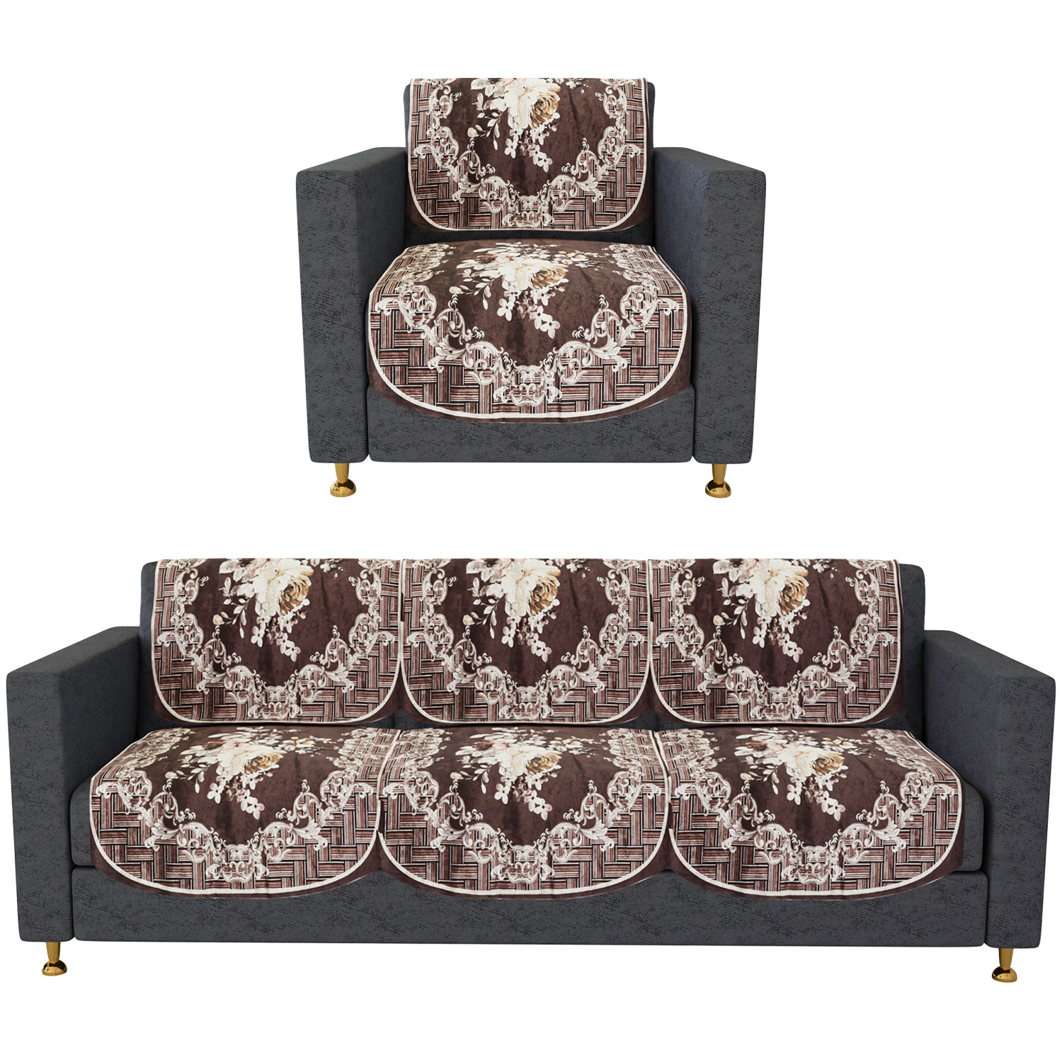 Kuber Industries Sofa Cover | 3+1 Seater Sofa Slip Cover Set | Brown Check Border Sofa Cover | Velvet Couch Cover | Sofa Slipcover Set | Sofa Cover for Living Room | Cream