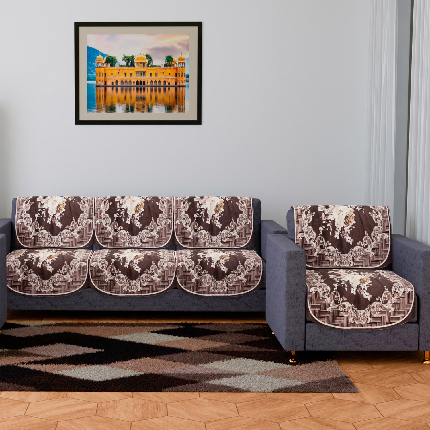 Kuber Industries Sofa Cover | 3+1 Seater Sofa Slip Cover Set | Brown Check Border Sofa Cover | Velvet Couch Cover | Sofa Slipcover Set | Sofa Cover for Living Room | Cream