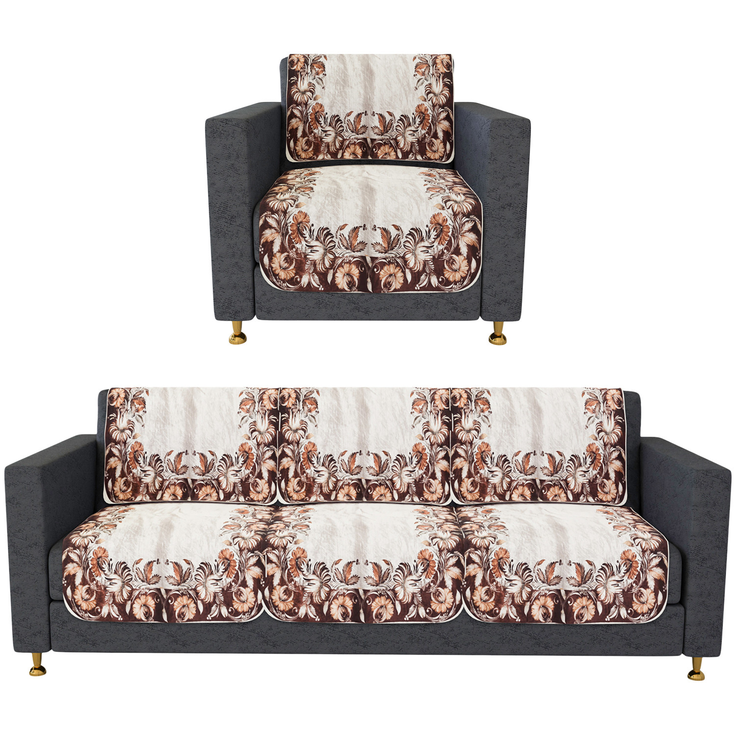 Kuber Industries Sofa Cover | 3+1 Seater Sofa Slip Cover Set | Brown Flower Sofa Cover | Velvet Couch Cover | Sofa Slipcover Set | Sofa Cover for Living Room | Cream