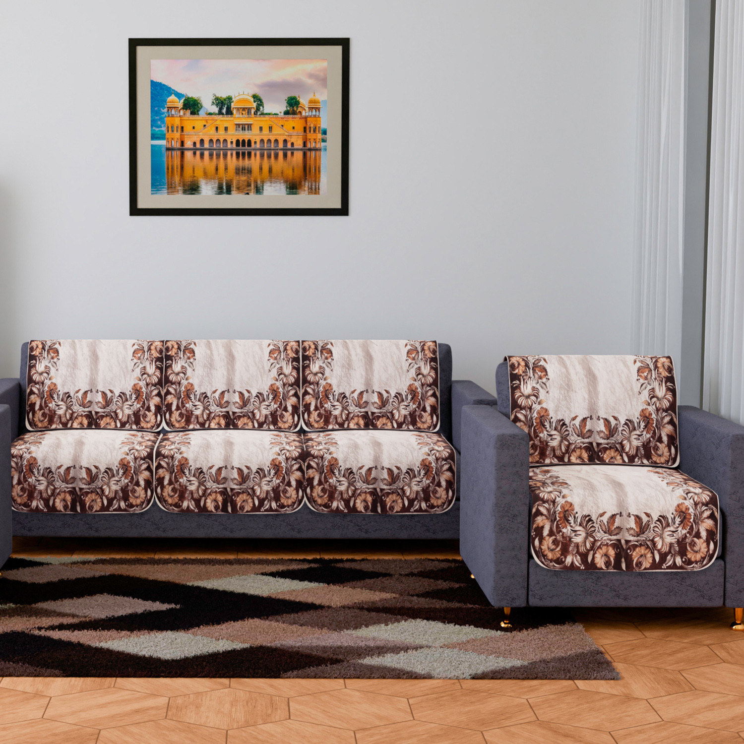 Kuber Industries Sofa Cover | 3+1 Seater Sofa Slip Cover Set | Brown Flower Sofa Cover | Velvet Couch Cover | Sofa Slipcover Set | Sofa Cover for Living Room | Cream
