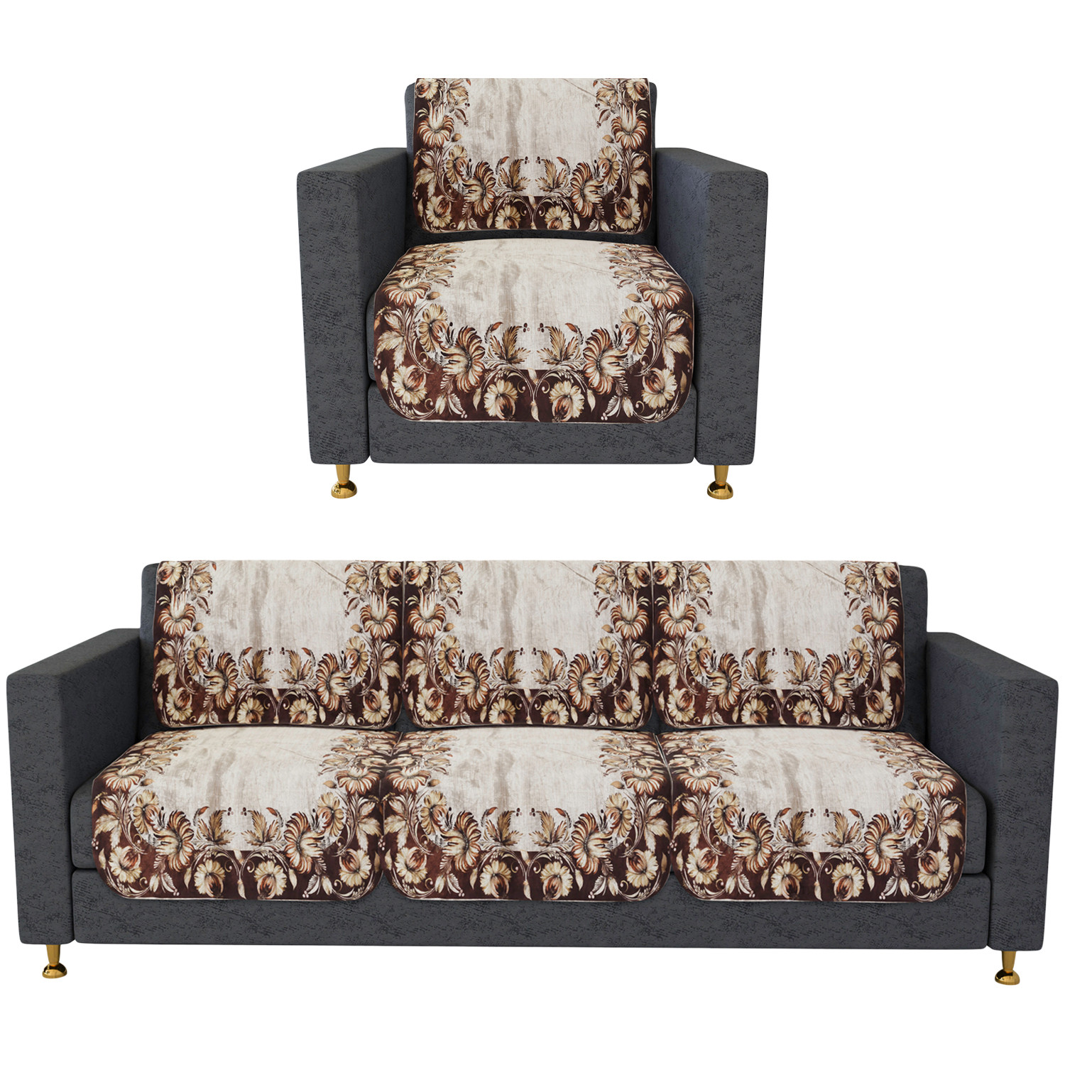 Kuber Industries Sofa Cover | 3+1 Seater Sofa Slip Cover Set | Brown Flower Sofa Cover | Velvet Couch Cover | Sofa Slipcover Set | Sofa Cover for Living Room | Golden