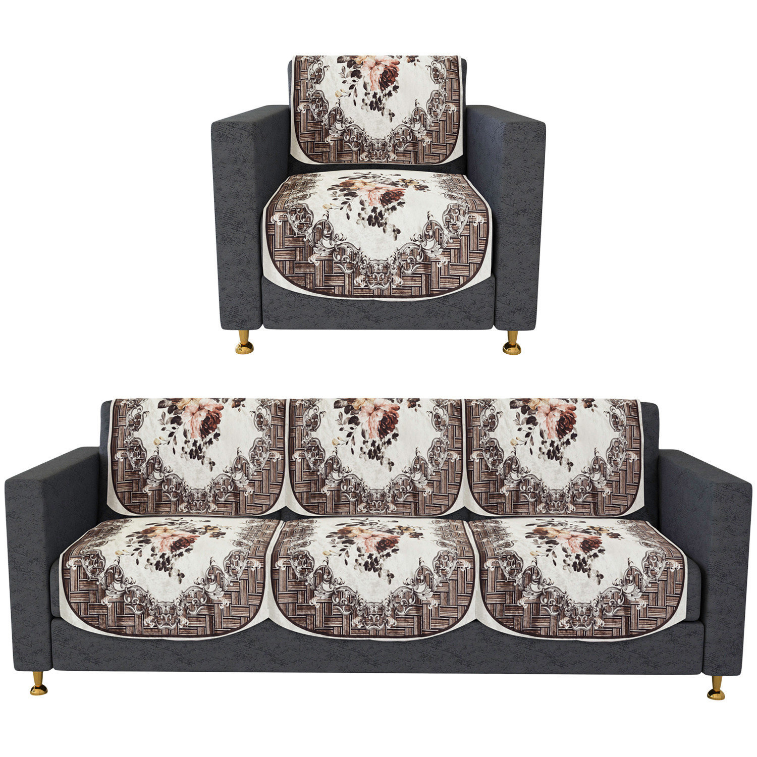 Kuber Industries Sofa Cover | 3+1 Seater Sofa Slip Cover Set | Check Border Sofa Cover | Velvet Couch Cover | Sofa Slipcover Set | Sofa Cover for Living Room | Brown