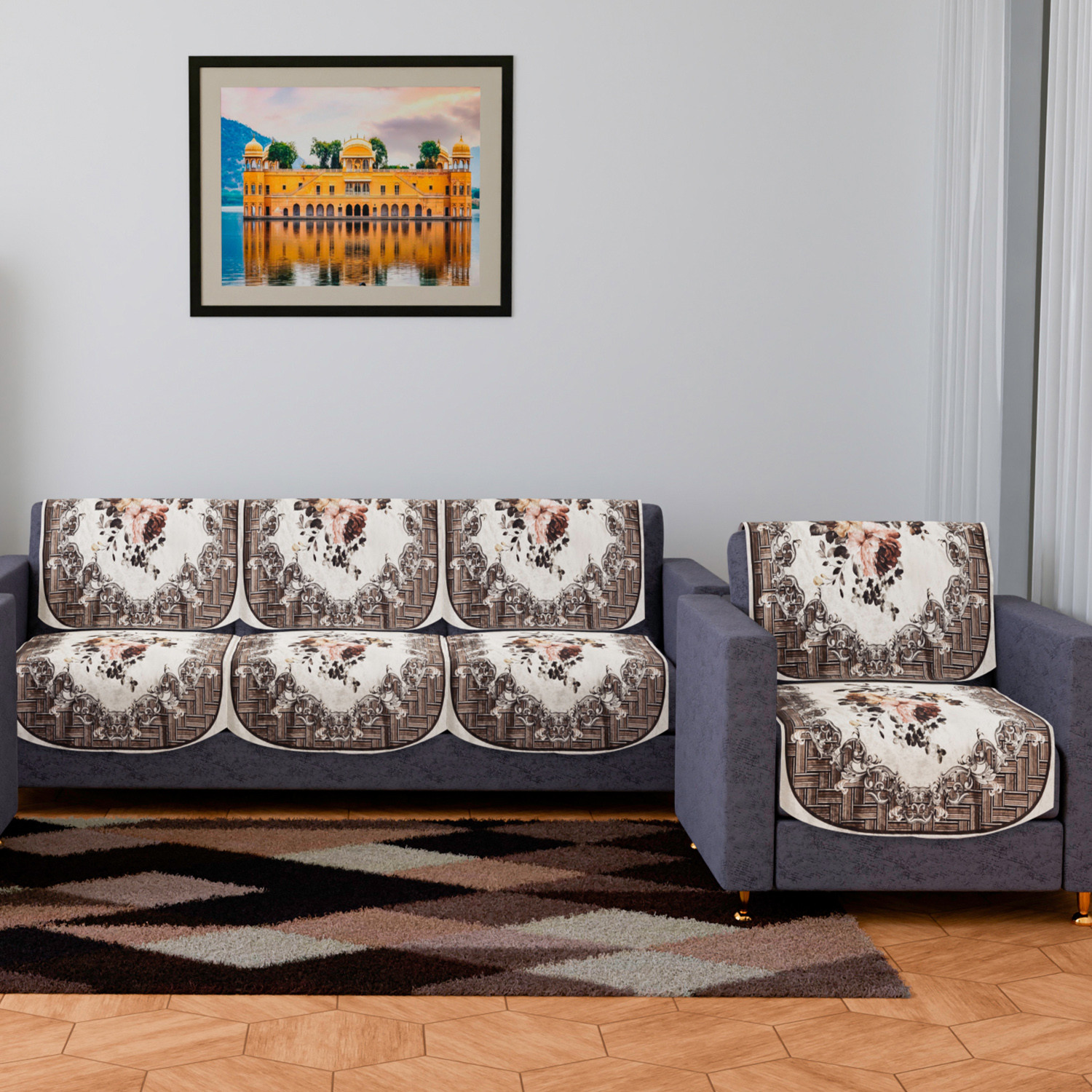Kuber Industries Sofa Cover | 3+1 Seater Sofa Slip Cover Set | Check Border Sofa Cover | Velvet Couch Cover | Sofa Slipcover Set | Sofa Cover for Living Room | Brown