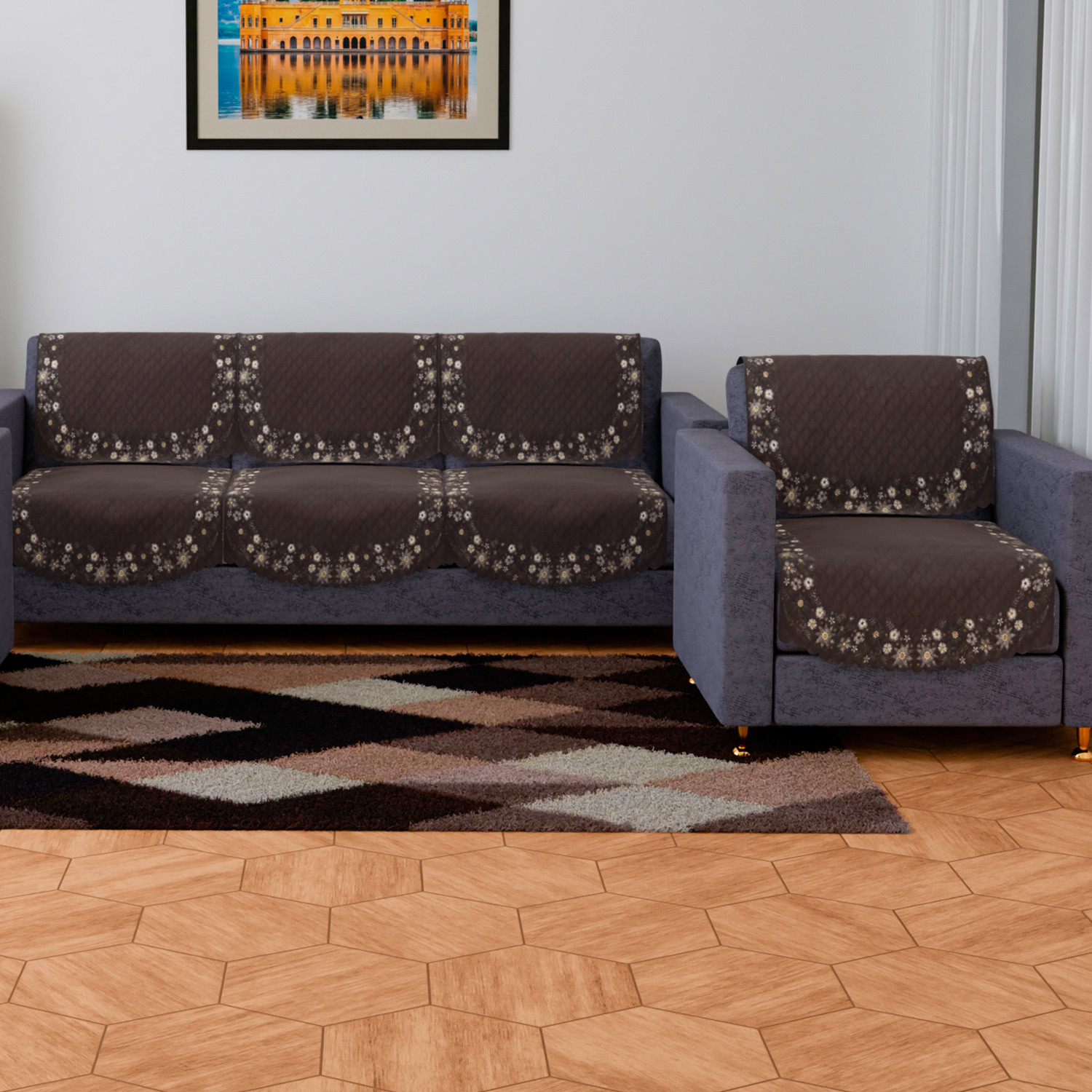 Kuber Industries Sofa Cover | 3+1 Seater Sofa Slip Cover Set | Digital Painting Sofa Cover | SUEDE Ultra Sonic Couch Cover | Sofa Slipcover Set Living Room | Brown