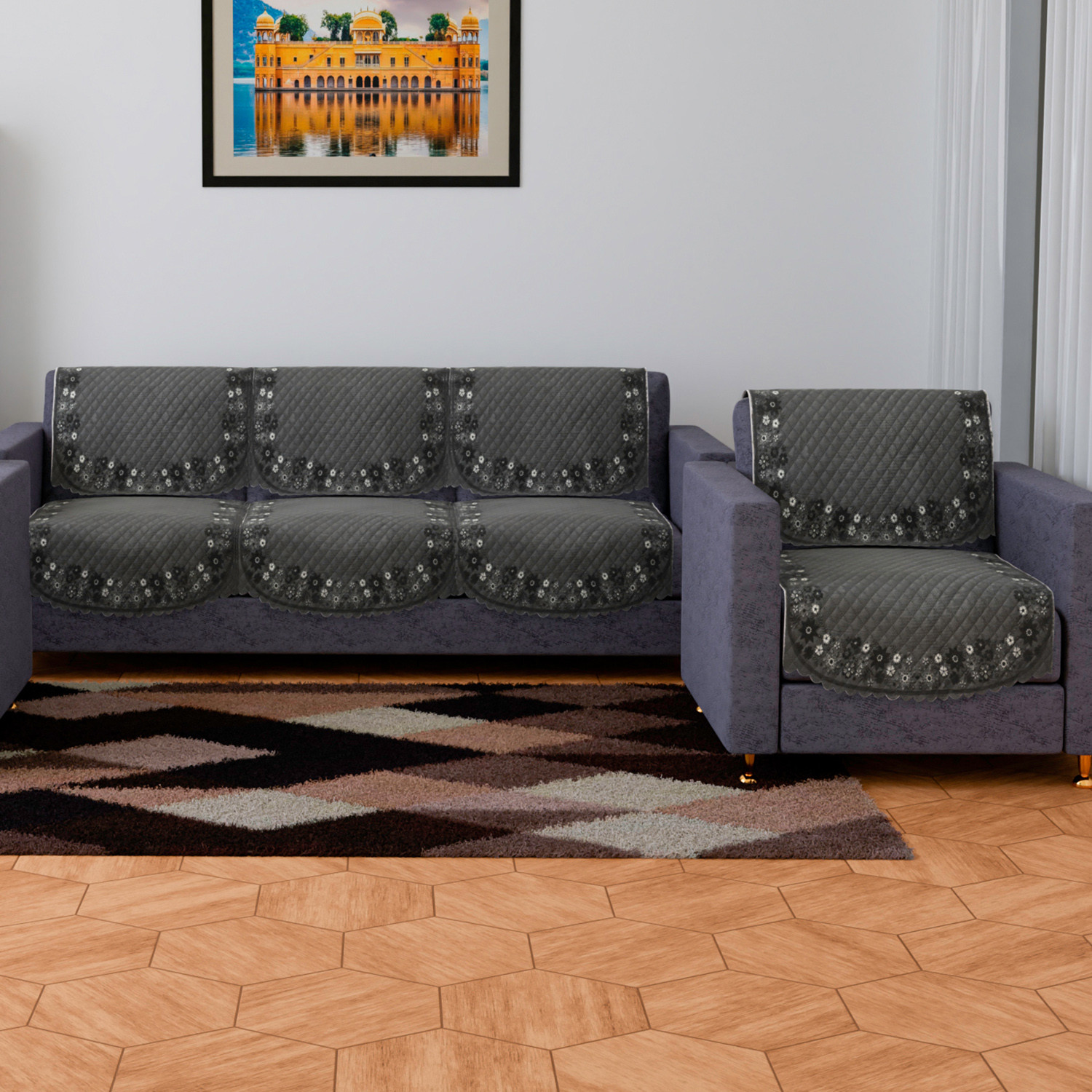 Kuber Industries Sofa Cover | 3+1 Seater Sofa Slip Cover Set | Digital Painting Sofa Cover | SUEDE Ultra Sonic Couch Cover | Sofa Slipcover Set Living Room | Gray