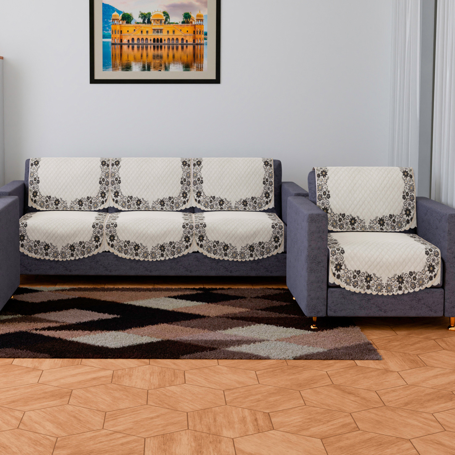 Kuber Industries Sofa Cover | 3+1 Seater Sofa Slip Cover Set | Digital Painting Sofa Cover | SUEDE Ultra Sonic Couch Cover | Sofa Slipcover Set Living Room | Cream