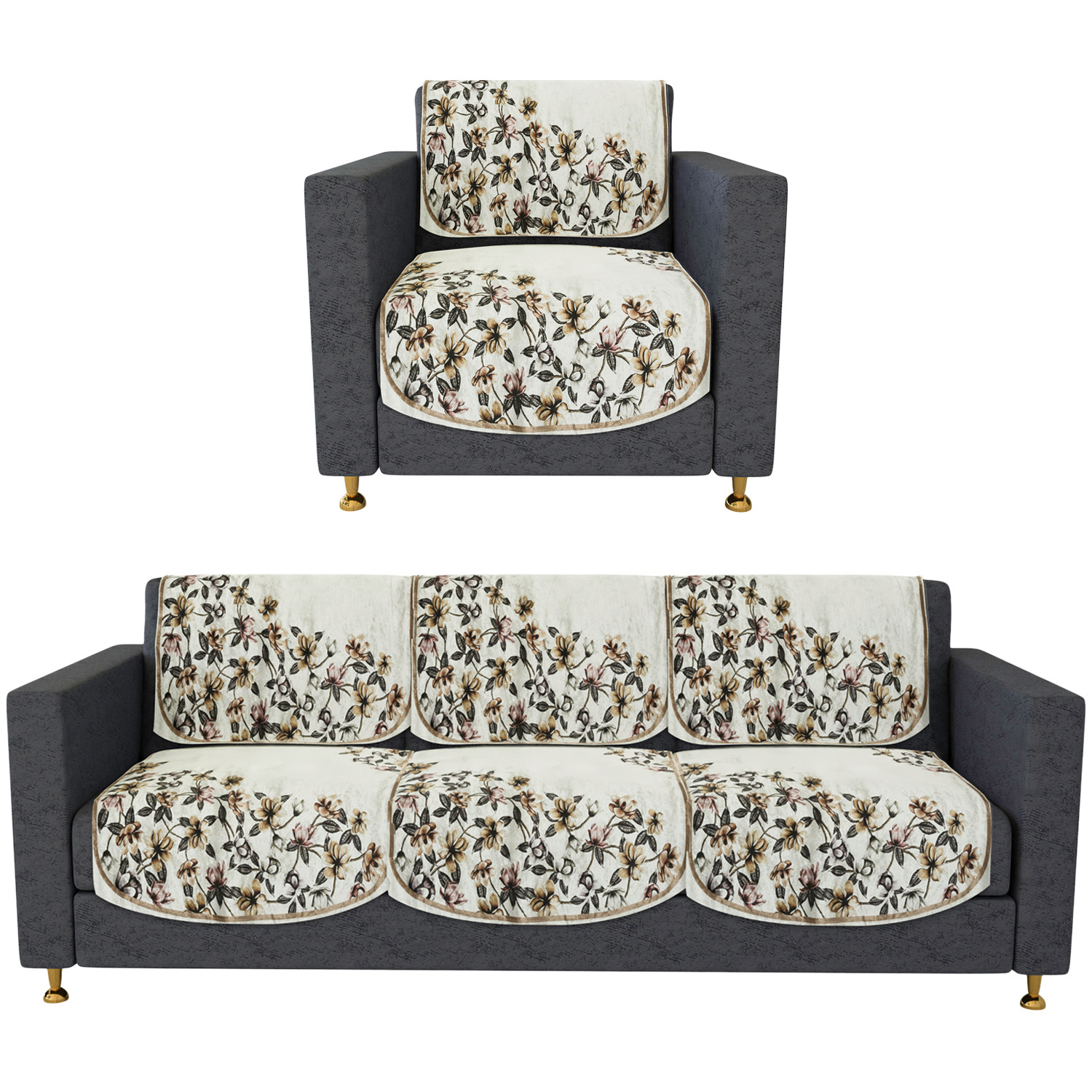 Kuber Industries Sofa Cover | 3+1 Seater Sofa Slip Cover Set | Side Flower Sofa Cover | Velvet Couch Cover | Sofa Slipcover Set | Sofa Cover for Living Room | Cream