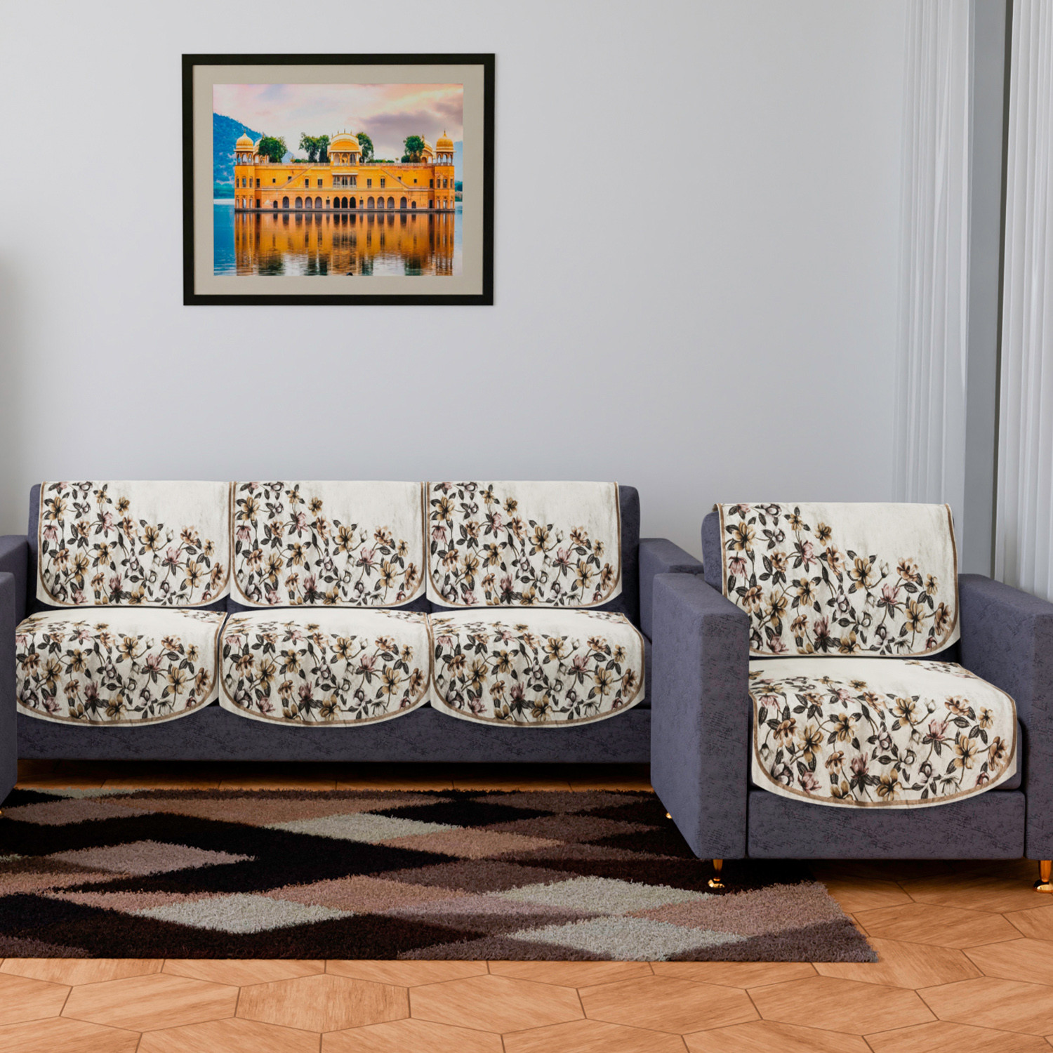 Kuber Industries Sofa Cover | 3+1 Seater Sofa Slip Cover Set | Side Flower Sofa Cover | Velvet Couch Cover | Sofa Slipcover Set | Sofa Cover for Living Room | Cream