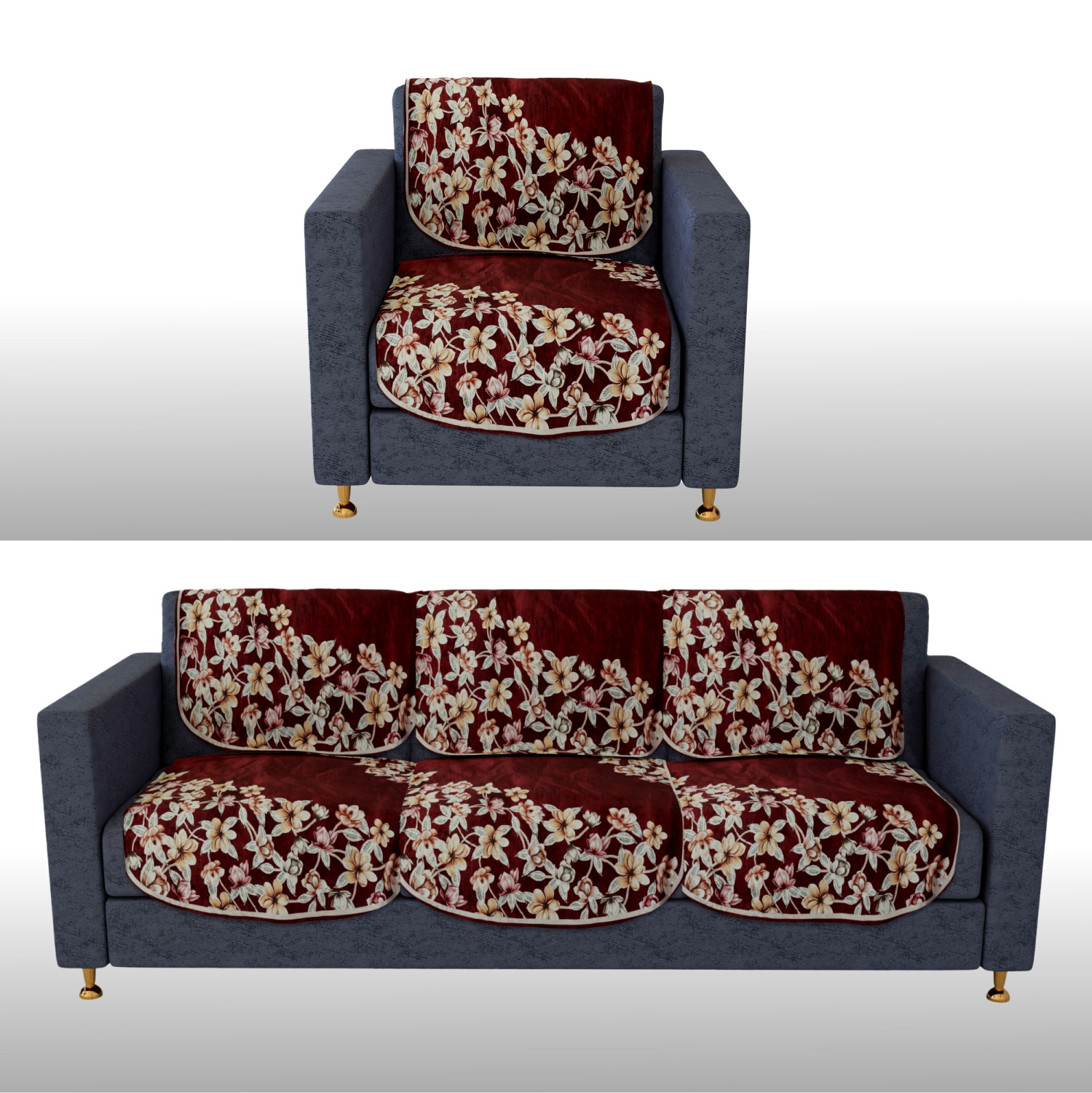 Kuber Industries Sofa Cover | 3+1 Seater Sofa Slip Cover Set | Side Flower Sofa Cover | Velvet Couch Cover | Sofa Slipcover Set | Sofa Cover for Living Room | Maroon