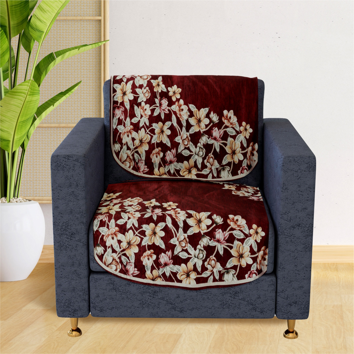 Kuber Industries Sofa Cover | 3+1 Seater Sofa Slip Cover Set | Side Flower Sofa Cover | Velvet Couch Cover | Sofa Slipcover Set | Sofa Cover for Living Room | Maroon