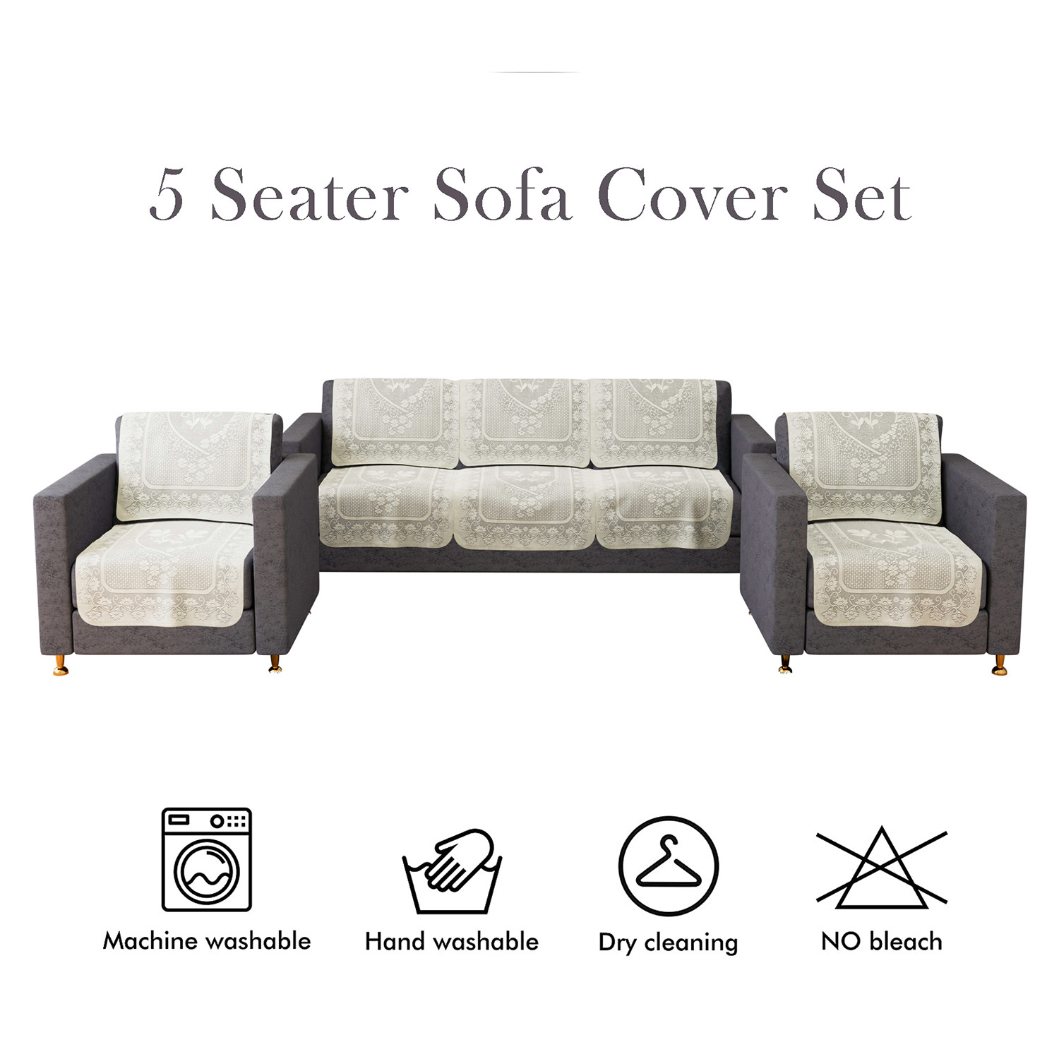 Kuber Industries Sofa Cover | Cotton Net Floral S-19 Design Sofa Cover | 5-Seater Sofa Cover for Home Decor | Sofa cover Set for Living room | Cream