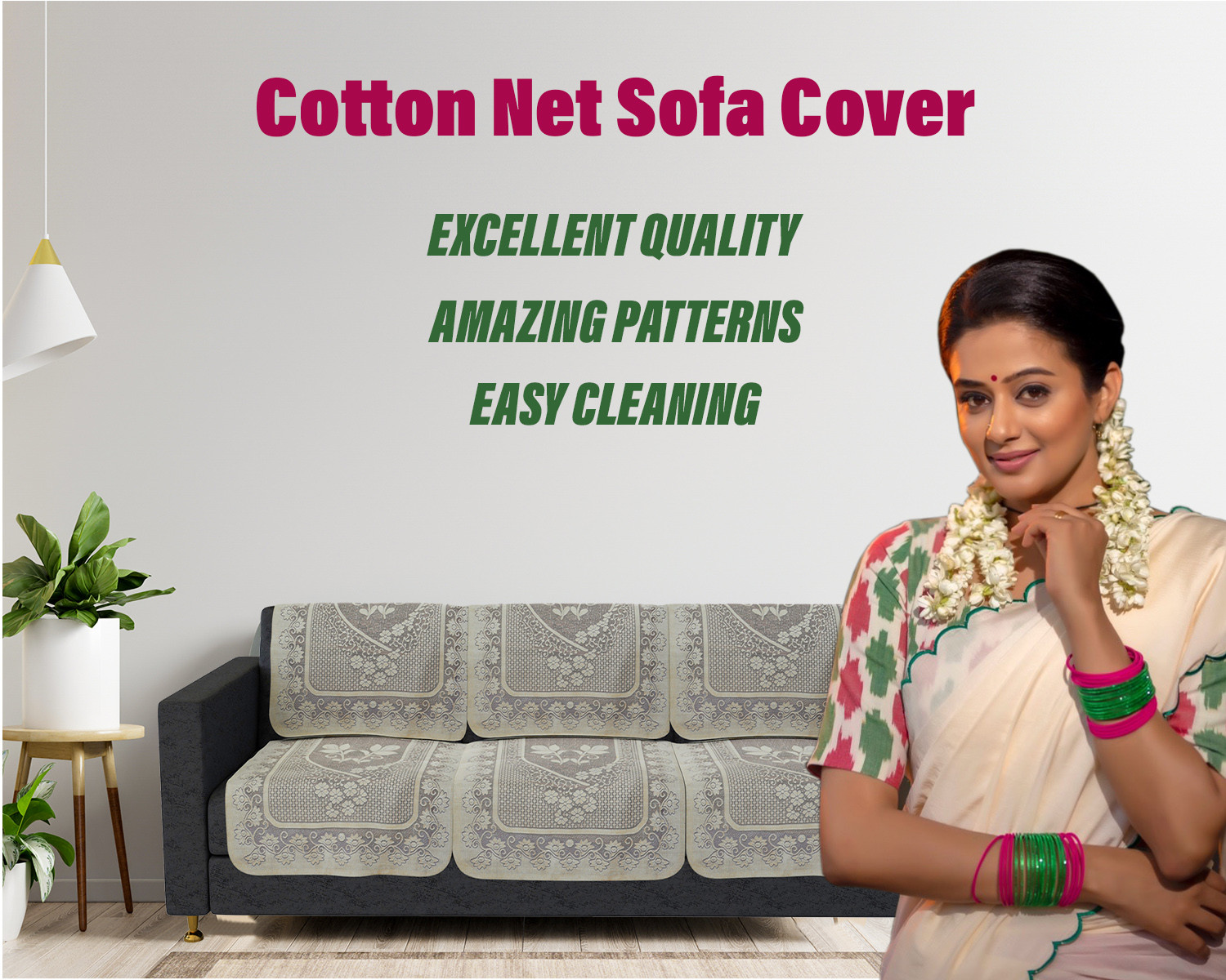 Kuber Industries Sofa Cover | Cotton Net Floral S-19 Design Sofa Cover | 5-Seater Sofa Cover for Home Decor | Sofa cover Set for Living room | Maroon