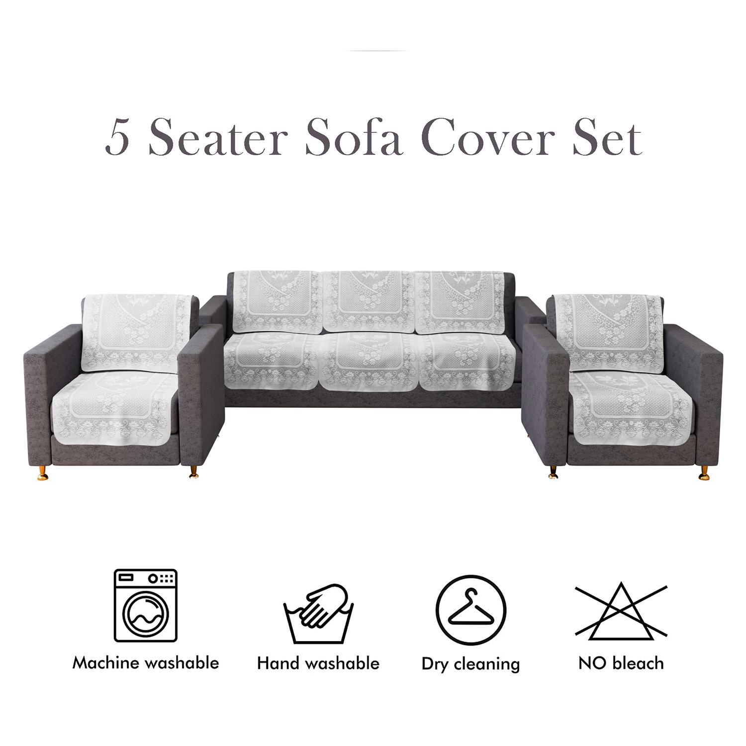 Kuber Industries Sofa Cover | Cotton Net Floral S-19 Design Sofa Cover | 5-Seater Sofa Cover for Home Decor | Sofa cover Set for Living room | White