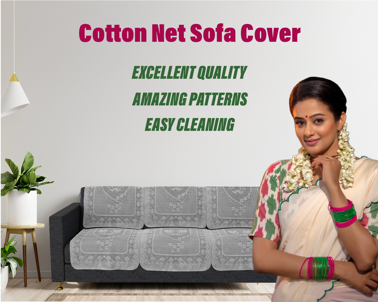 Kuber Industries Sofa Cover | Cotton Net Floral S-19 Design Sofa Cover | 5-Seater Sofa Cover for Home Decor | Sofa cover Set for Living room | White