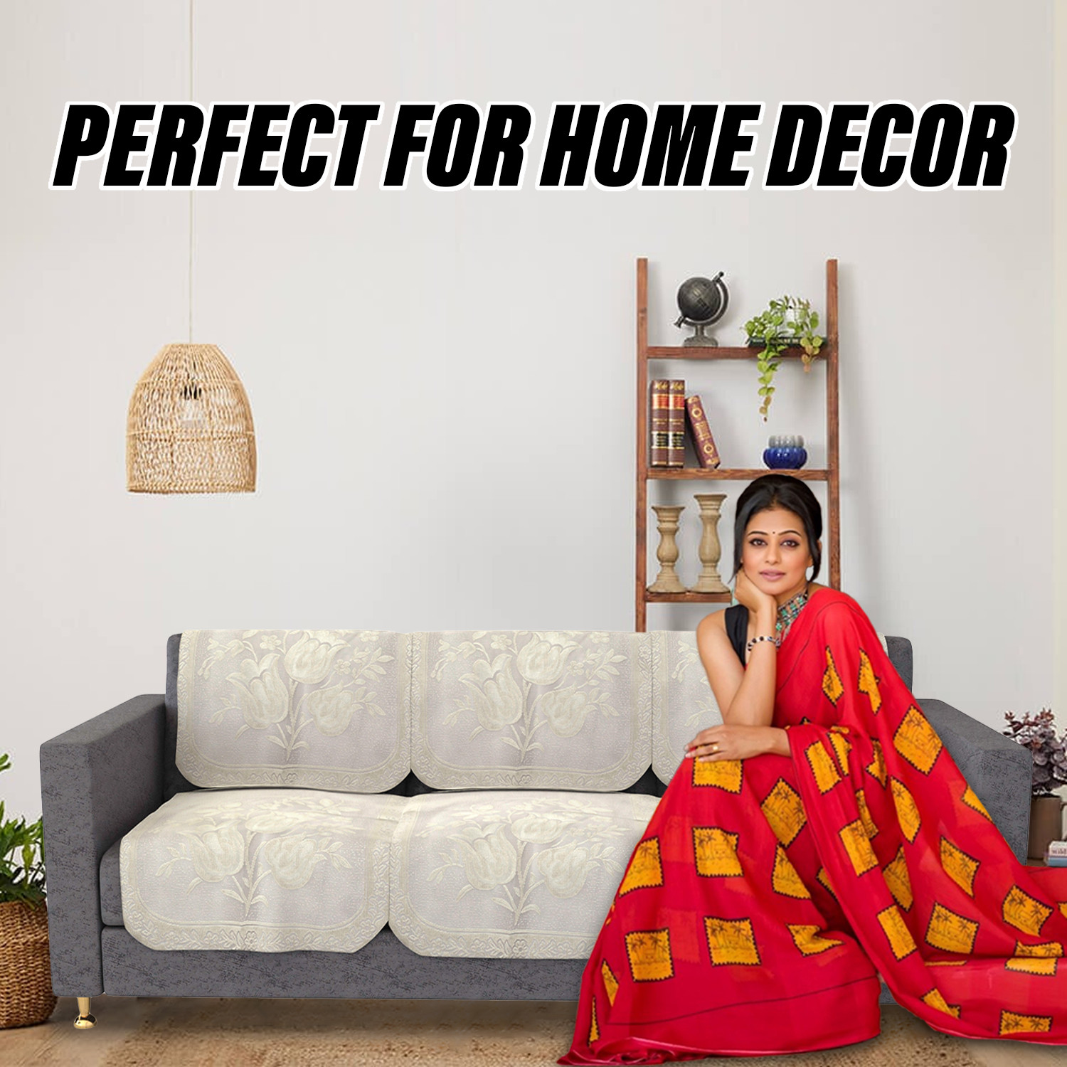 Kuber Industries Sofa Cover | Cotton Net Plain Tulip Design Sofa Cover | 5-Seater Sofa Cover for Home Décor | Sofa cover Set for Living room | Cream