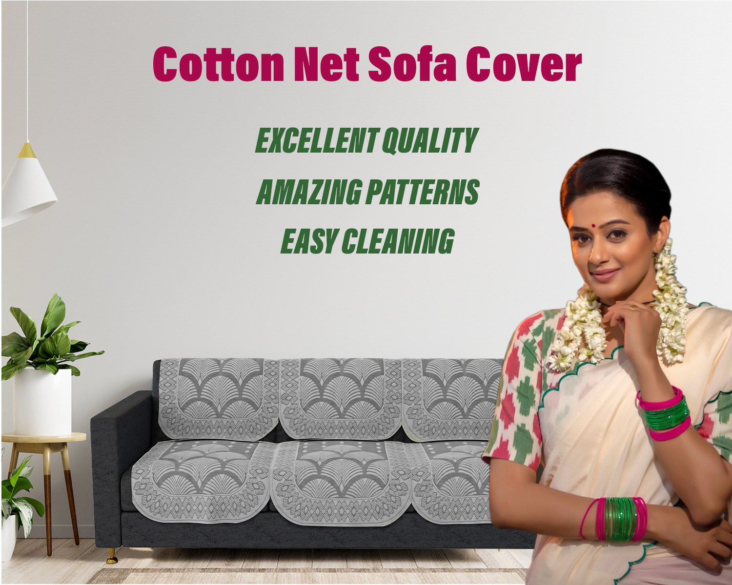 Kuber Industries Sofa Cover | Cotton Net Rainbow Sofa Cover | 5-Seater Sofa Cover for Home Decor | Sofa cover Set for Living room | White