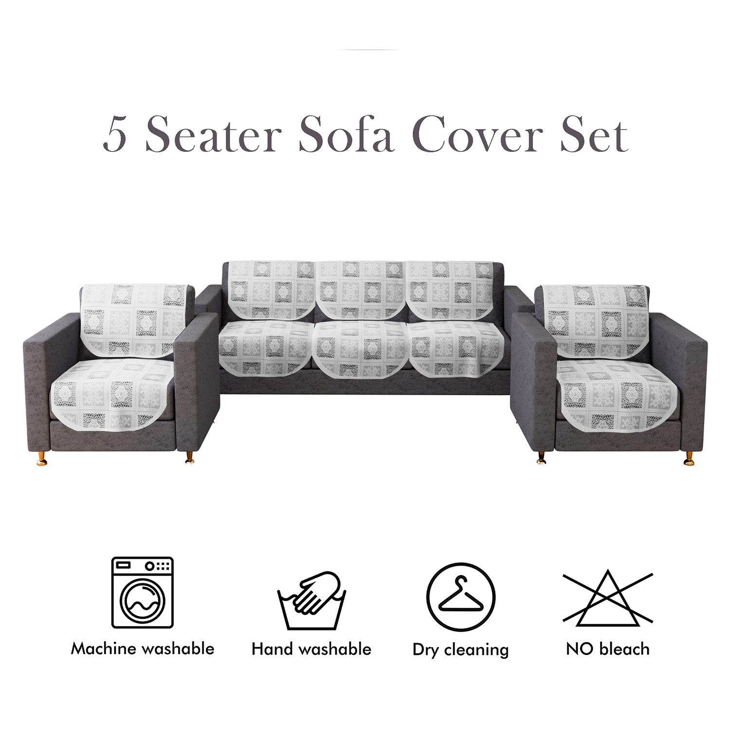 Kuber Industries Sofa Cover | Cotton Net Square Flower Sofa Cover | 5-Seater Sofa Cover for Home Decor | Sofa cover Set for Living room | White