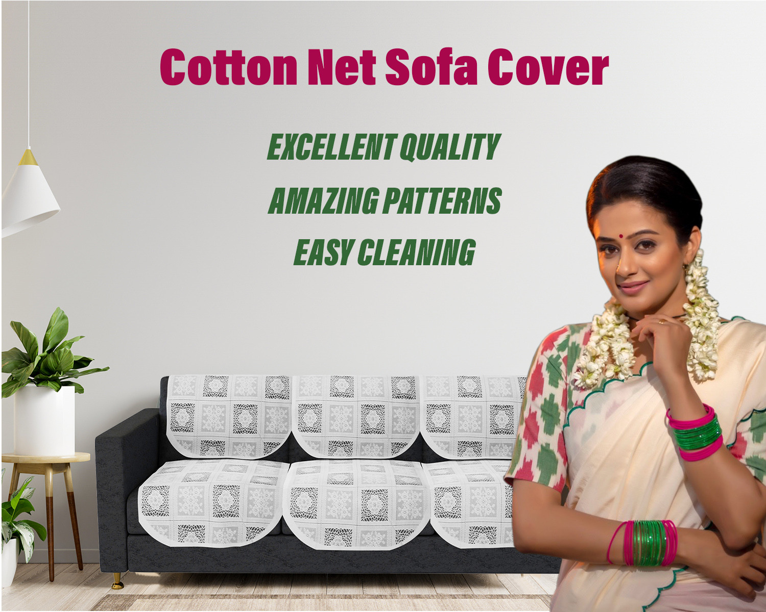 Kuber Industries Sofa Cover | Cotton Net Square Flower Sofa Cover | 5-Seater Sofa Cover for Home Decor | Sofa cover Set for Living room | White