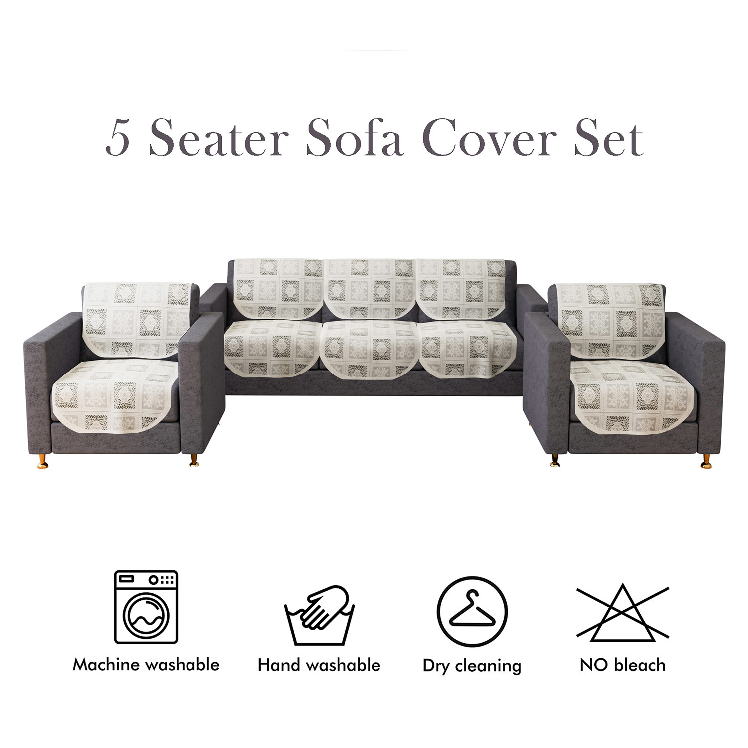 Kuber Industries Sofa Cover | Cotton Net Square Flower Sofa Cover | 5-Seater Sofa Cover for Home Decor | Sofa cover Set for Living room | Cream