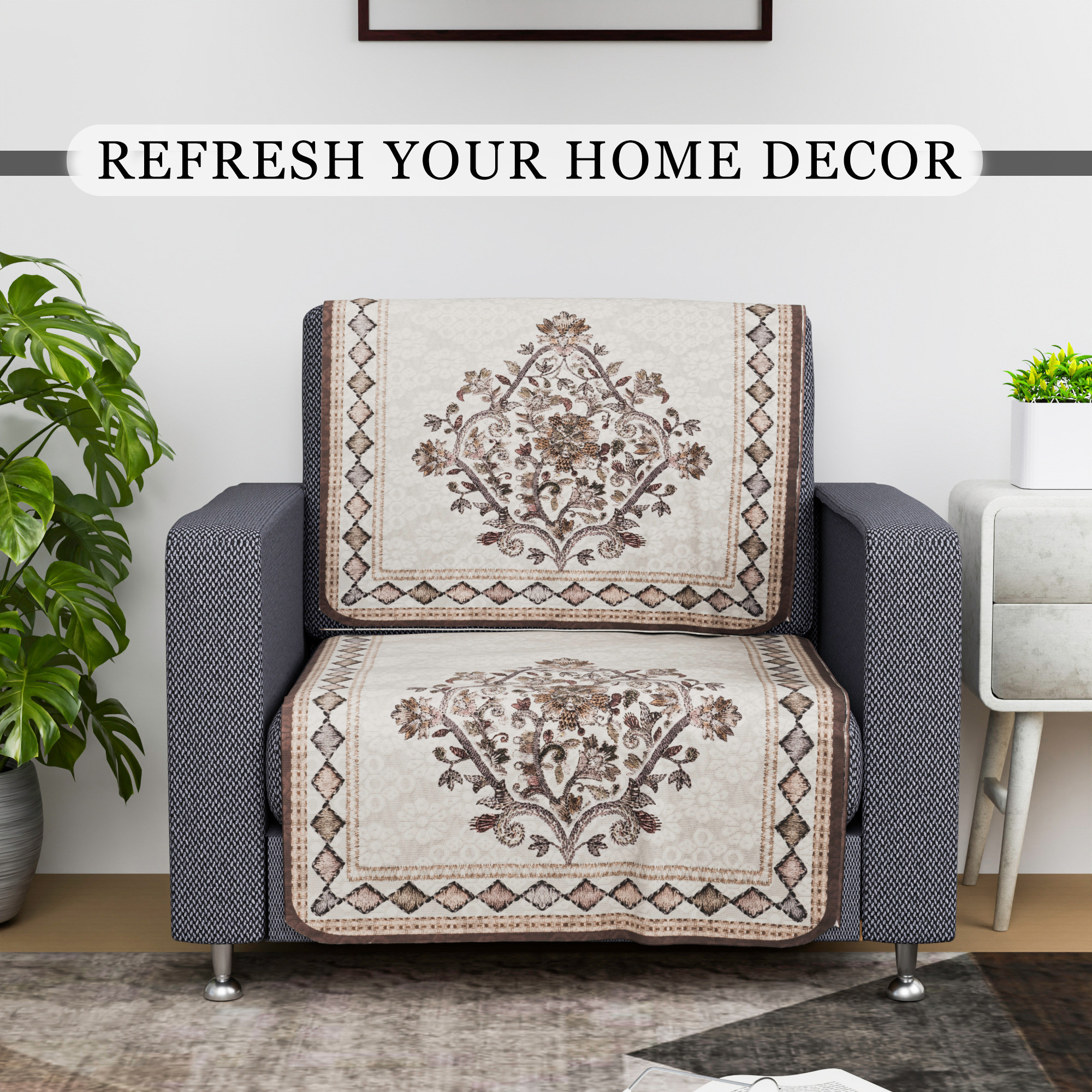 Kuber Industries Sofa Cover  Net  Sofa Slip Cover Set  Couch Sofa Cover Set  Sofa Cover for Home  Sofa Slipcover for Living Room  Flower Digital Embroidery Print-730  Brown