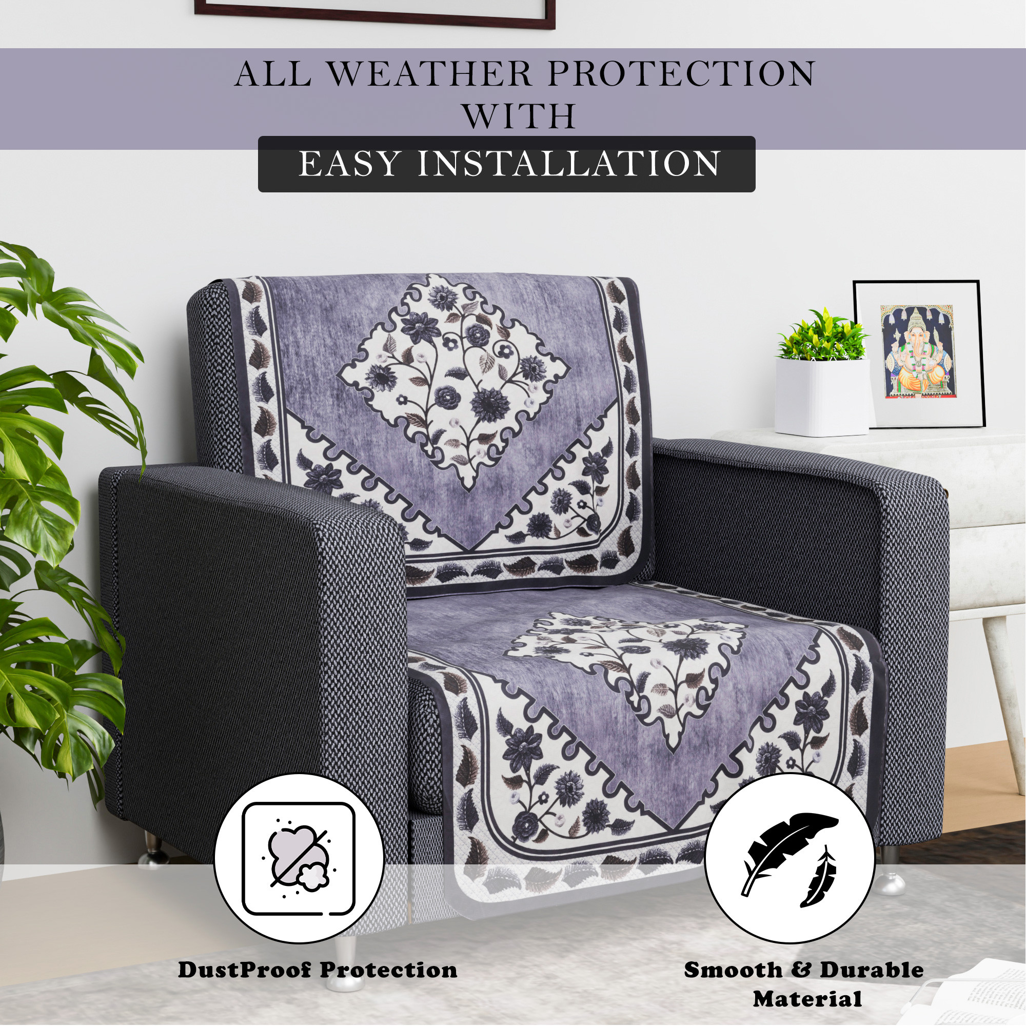 Kuber Industries Sofa Cover  Net  Sofa Slip Cover Set  Couch Sofa Cover Set  Sofa Cover for Home  Sofa Cover for Living Room  Flower Digital Triangle Border Print-753  Grey