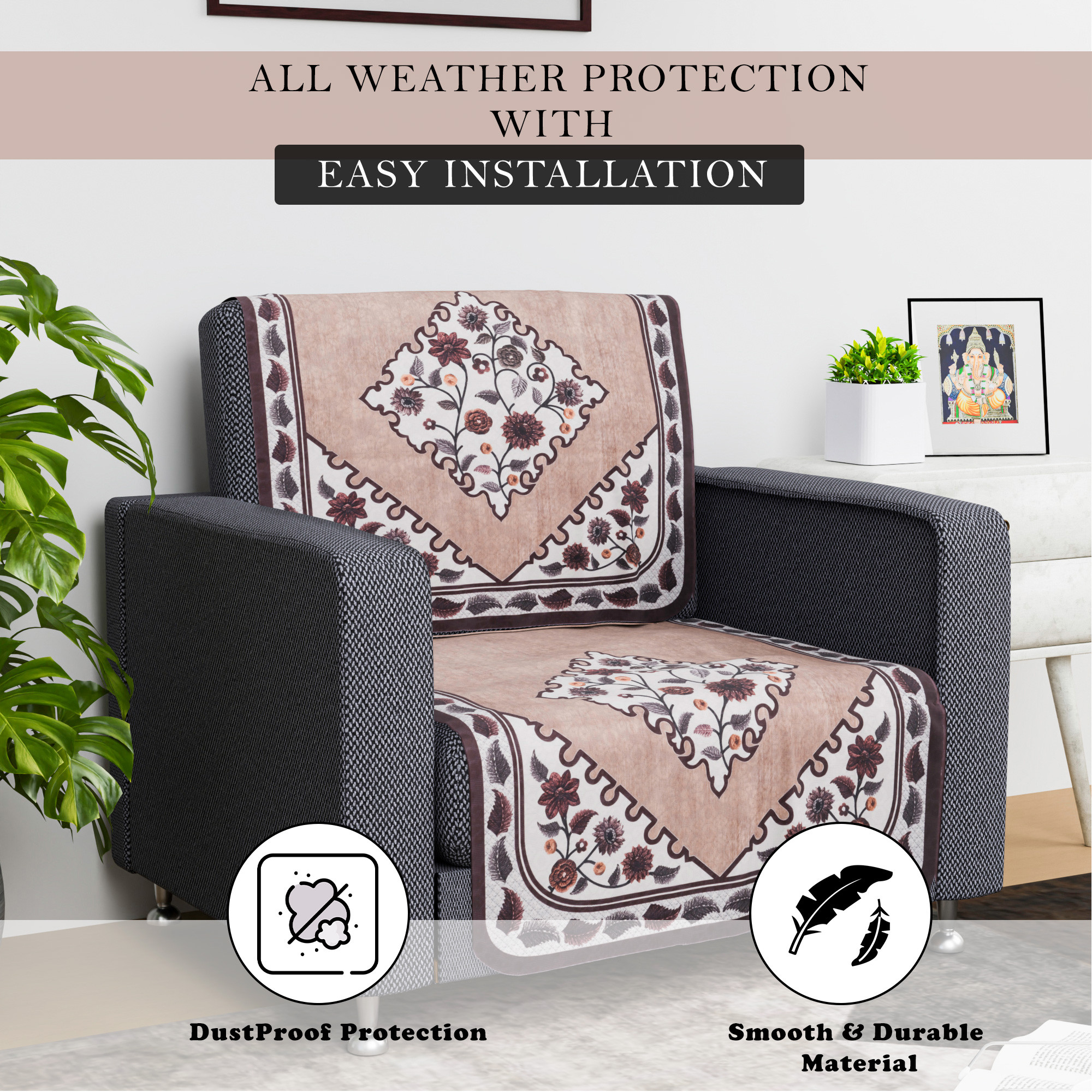 Kuber Industries Sofa Cover  Net  Sofa Slip Cover Set  Couch Sofa Cover Set  Sofa Cover for Home  Sofa Cover for Living Room  Flower Digital Triangle Border Print-753  Brown