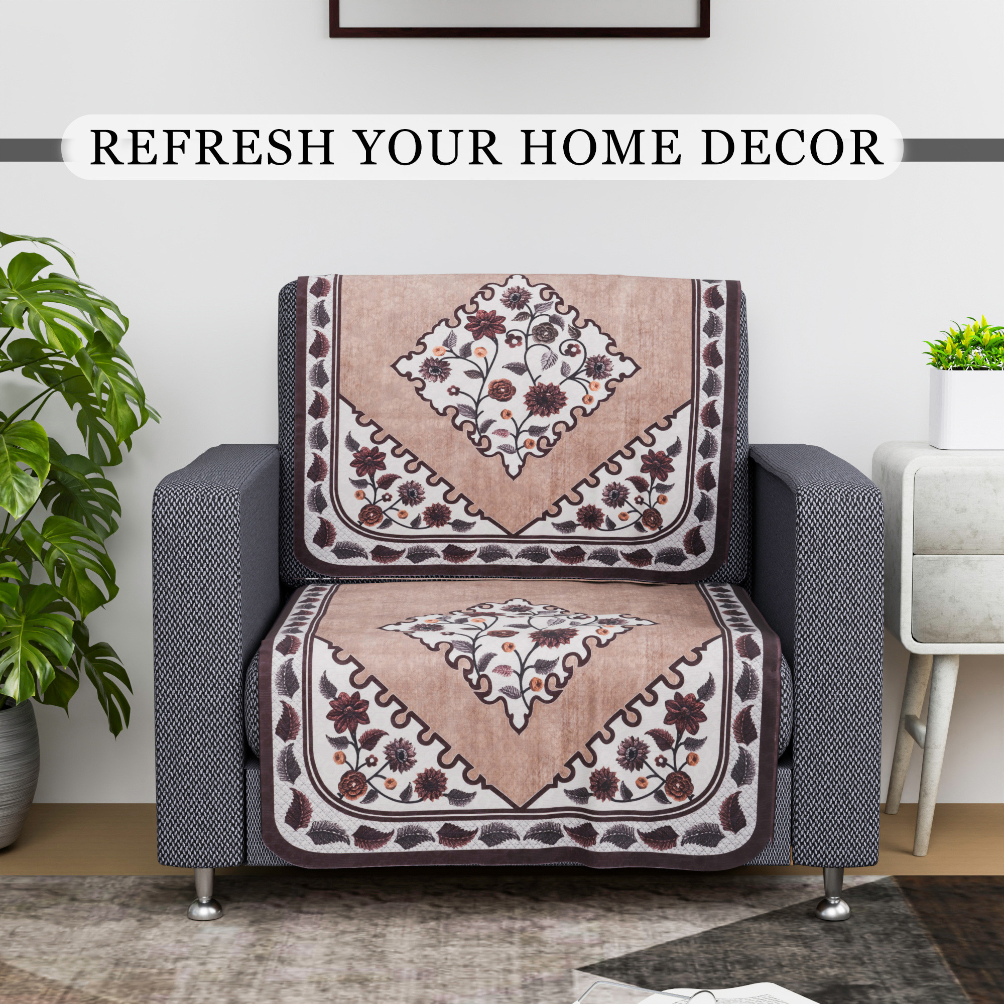 Kuber Industries Sofa Cover  Net  Sofa Slip Cover Set  Couch Sofa Cover Set  Sofa Cover for Home  Sofa Cover for Living Room  Flower Digital Triangle Border Print-753  Brown
