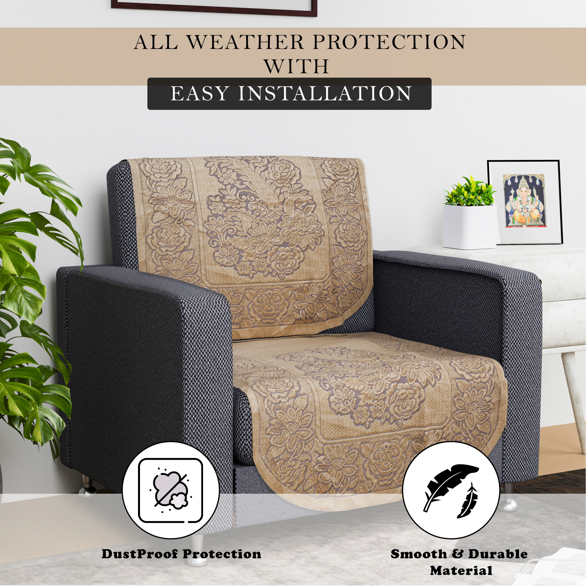Kuber Industries Sofa Cover  Net  Sofa Slip Cover Set  Couch Sofa Cover Set  Sofa Cover for Home  Sofa Slipcover Set  Sofa Cover for Living Room  Sun-Shine Print  Golden