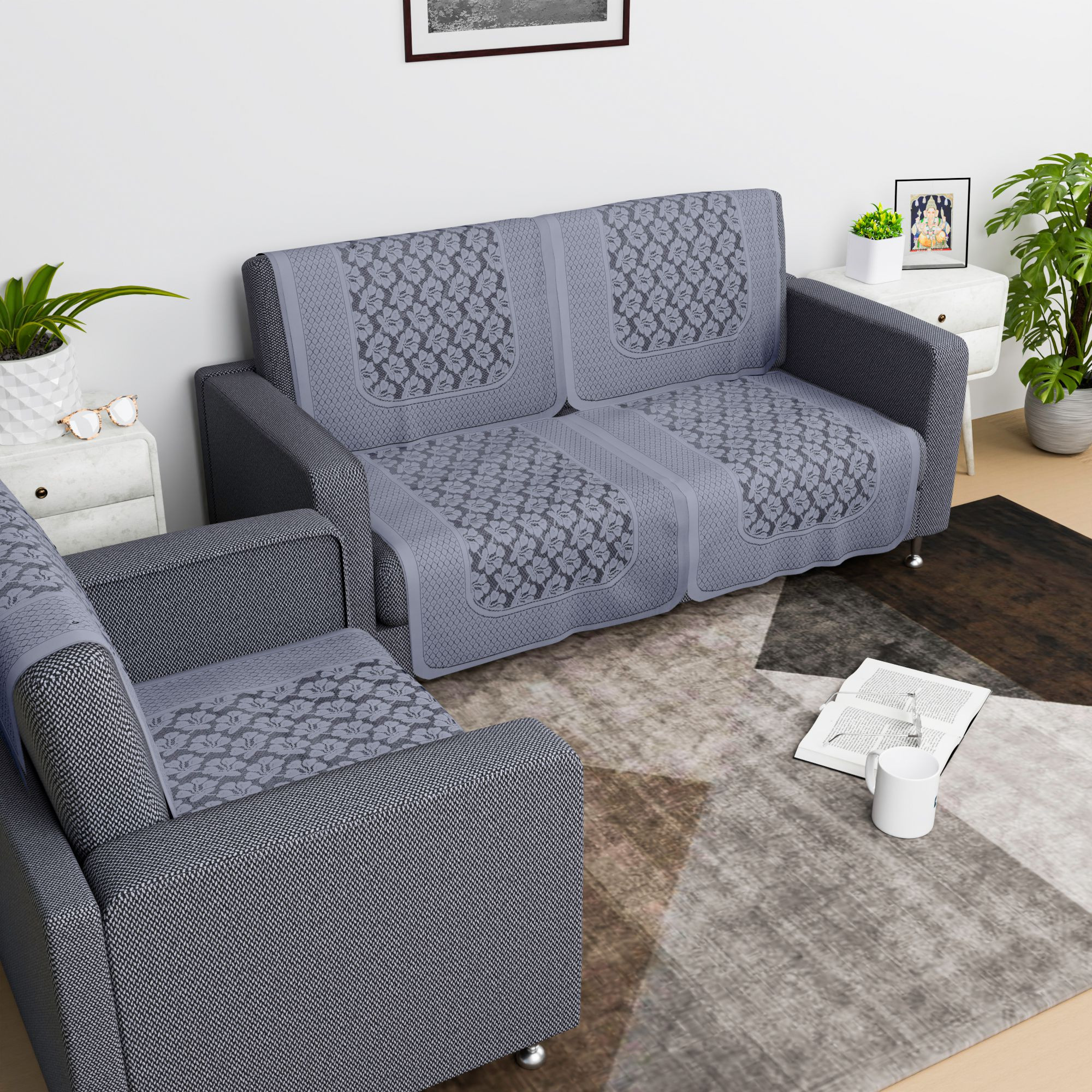 Kuber Industries Sofa Cover  Net  Sofa Slip Cover Set  Couch Sofa Cover Set  Sofa Cover for Home  Sofa Slipcover Set  Sofa Cover for Living Room  Plain Leonardo Flower Print  Grey