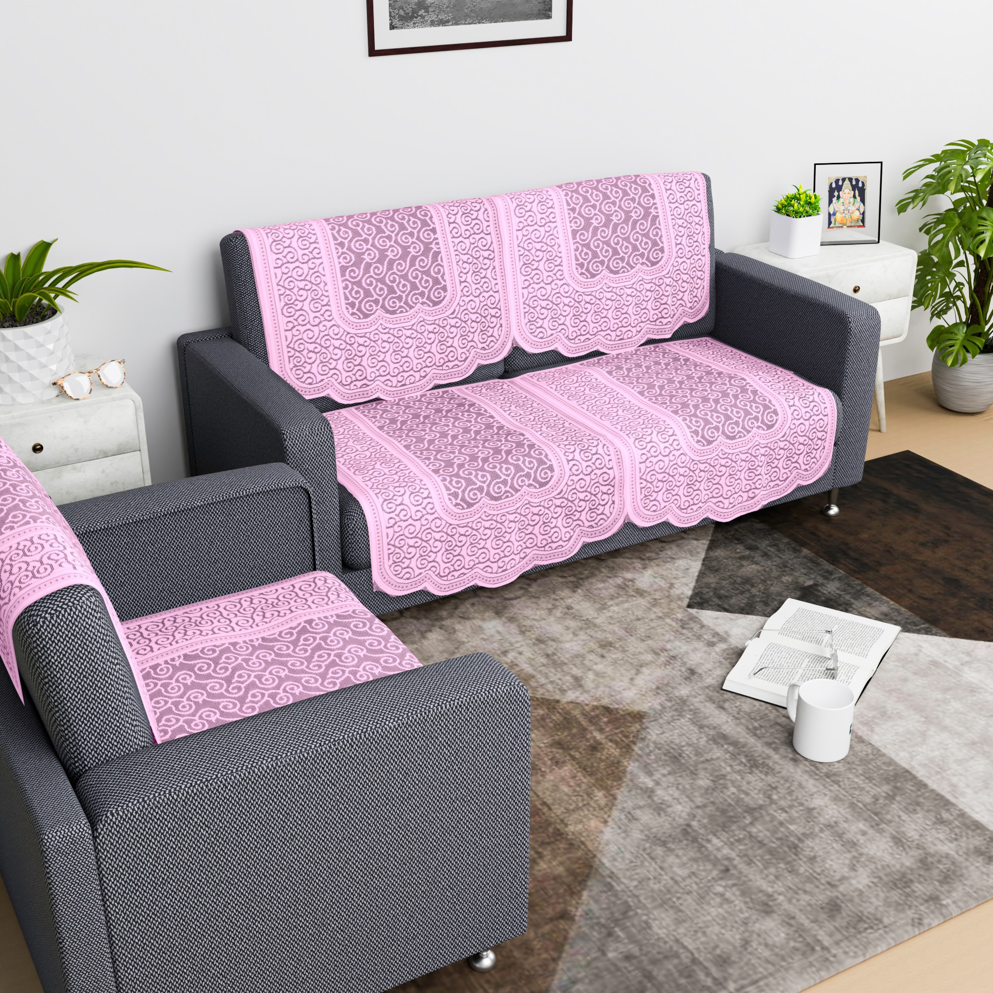 Kuber Industries Sofa Cover  Net  Sofa Slip Cover Set  Couch Sofa Cover Set  Sofa Cover for Home  Sofa Slipcover Set  Sofa Cover for Living Room  Zig Zag Printed  Pink
