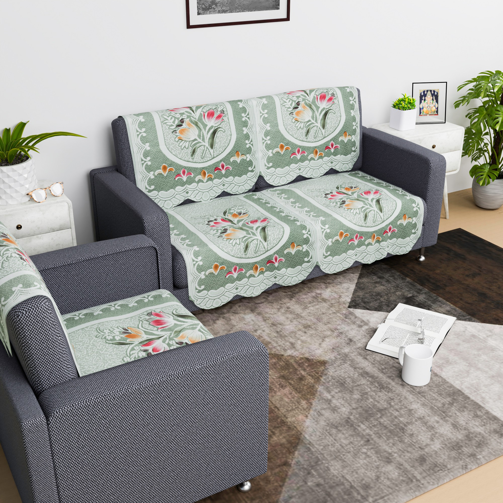 Kuber Industries Sofa Cover  Net  Sofa Slip Cover Set  Couch Sofa Cover Set  Sofa Cover for Home  Sofa Slipcover Set  Sofa Cover for Living Room  Tulip Printed  Green