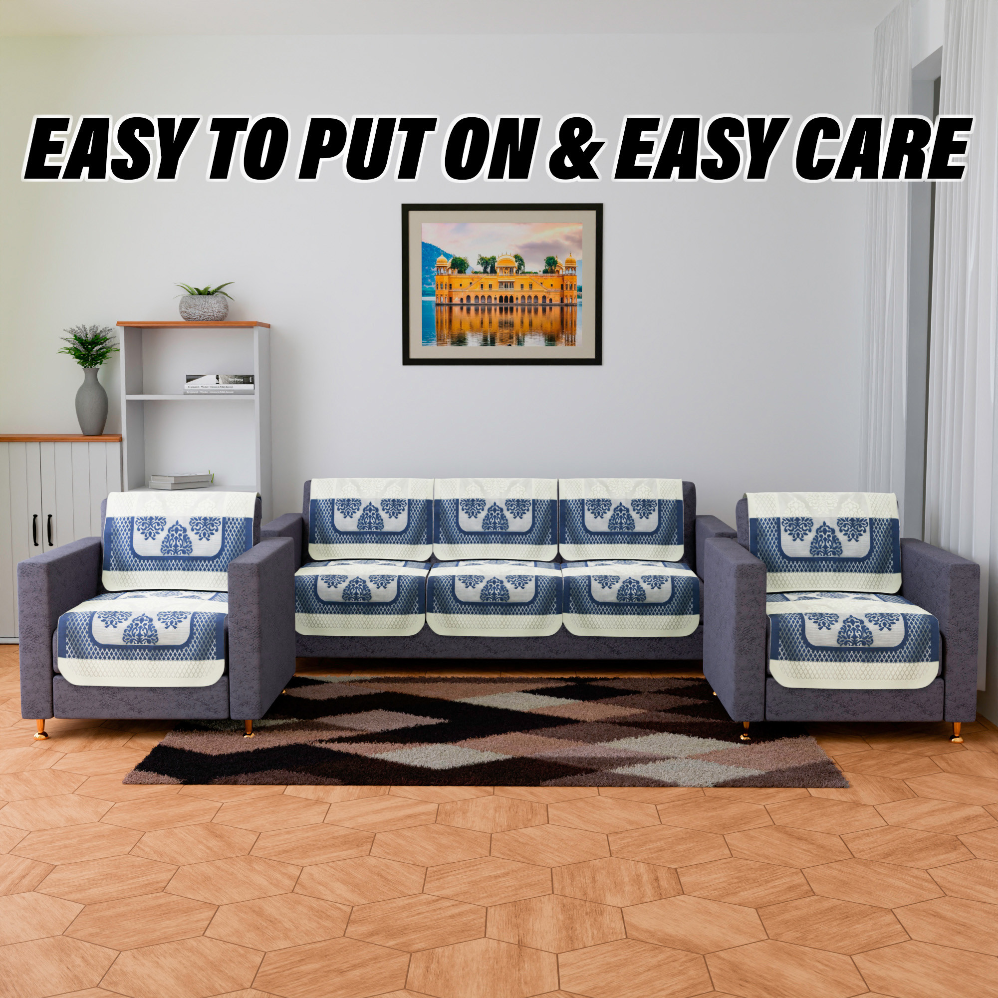 Kuber Industries Sofa Cover  Net Sofa Slipcover Set  Sofa Cover for Living Room  Sofa Cover for Hall  5-Seater Sofa Cover for Home Decor  Blue Star Patta Sofa Cover Set  Cream