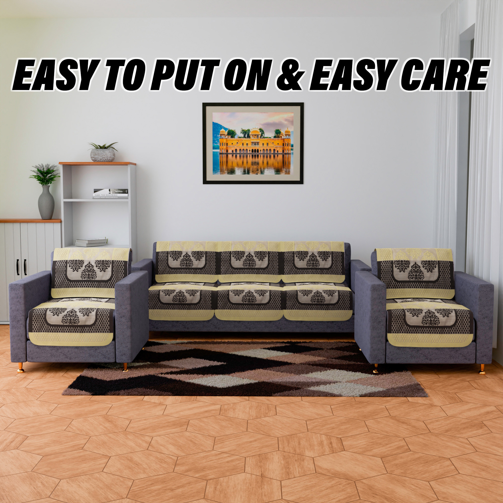 Kuber Industries Sofa Cover | Net Sofa Slipcover Set | Sofa Cover for Living Room | Sofa Cover for Hall | 5-Seater Sofa Cover for Home Decor | Brown Star Patta Sofa Cover Set | Orange