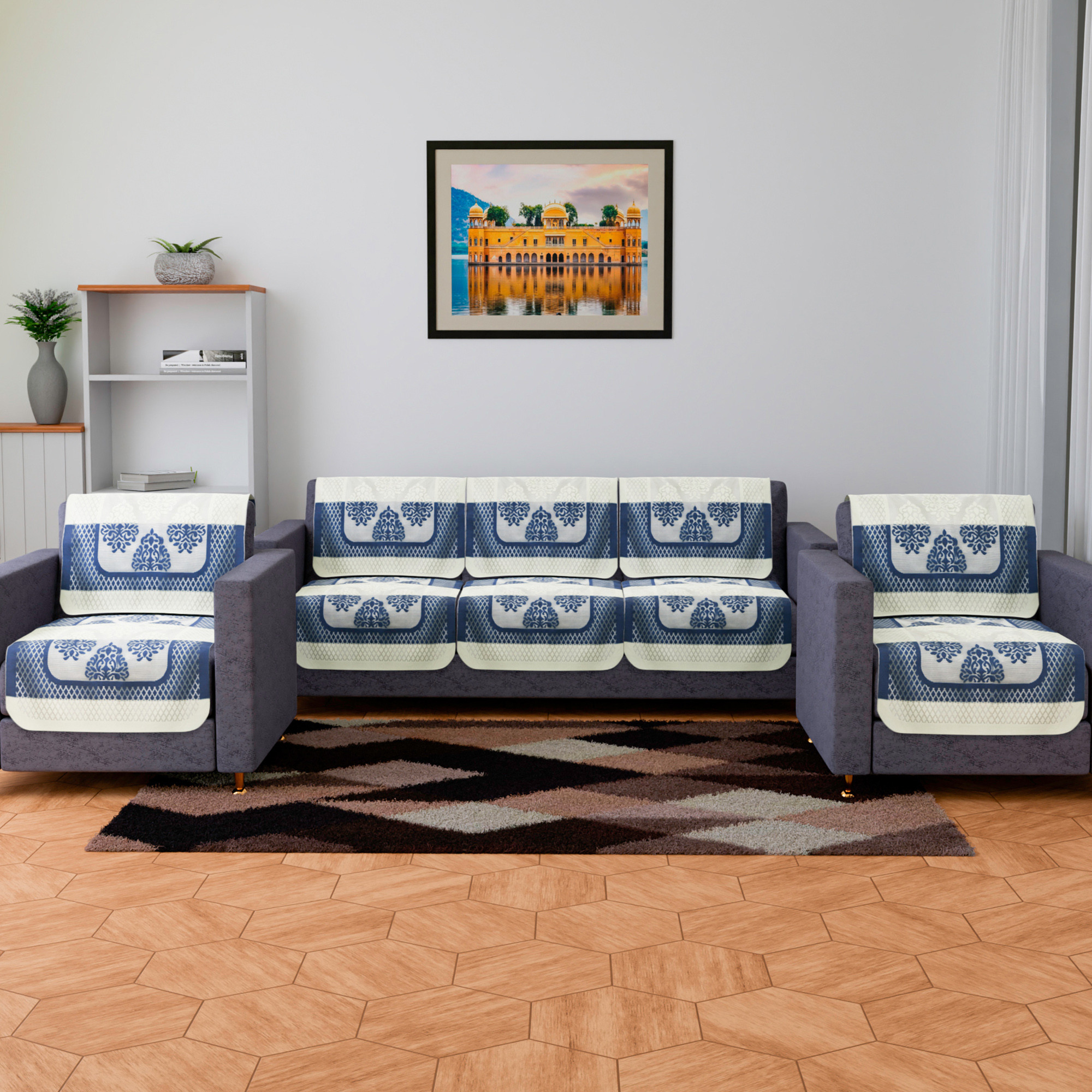 Kuber Industries Sofa Cover | Net Sofa Slipcover Set | Sofa Cover for Living Room | Sofa Cover for Hall | 5-Seater Sofa Cover for Home Decor | Blue Star Patta Sofa Cover Set | Cream