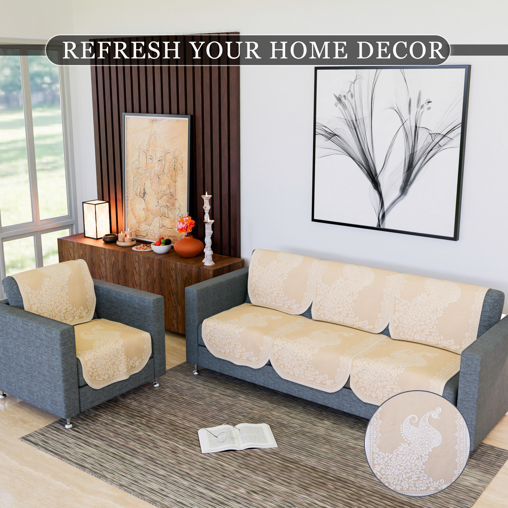 Kuber Industries Sofa Cover  Net Sofa Slipcover Set  Sofa Cover for Living Room  Sofa Slip Cover for Hall  5-Seater Sofa Cover for Home Decor  Sofa Cover Set  Peacock-Design  10 Piece  Maroon