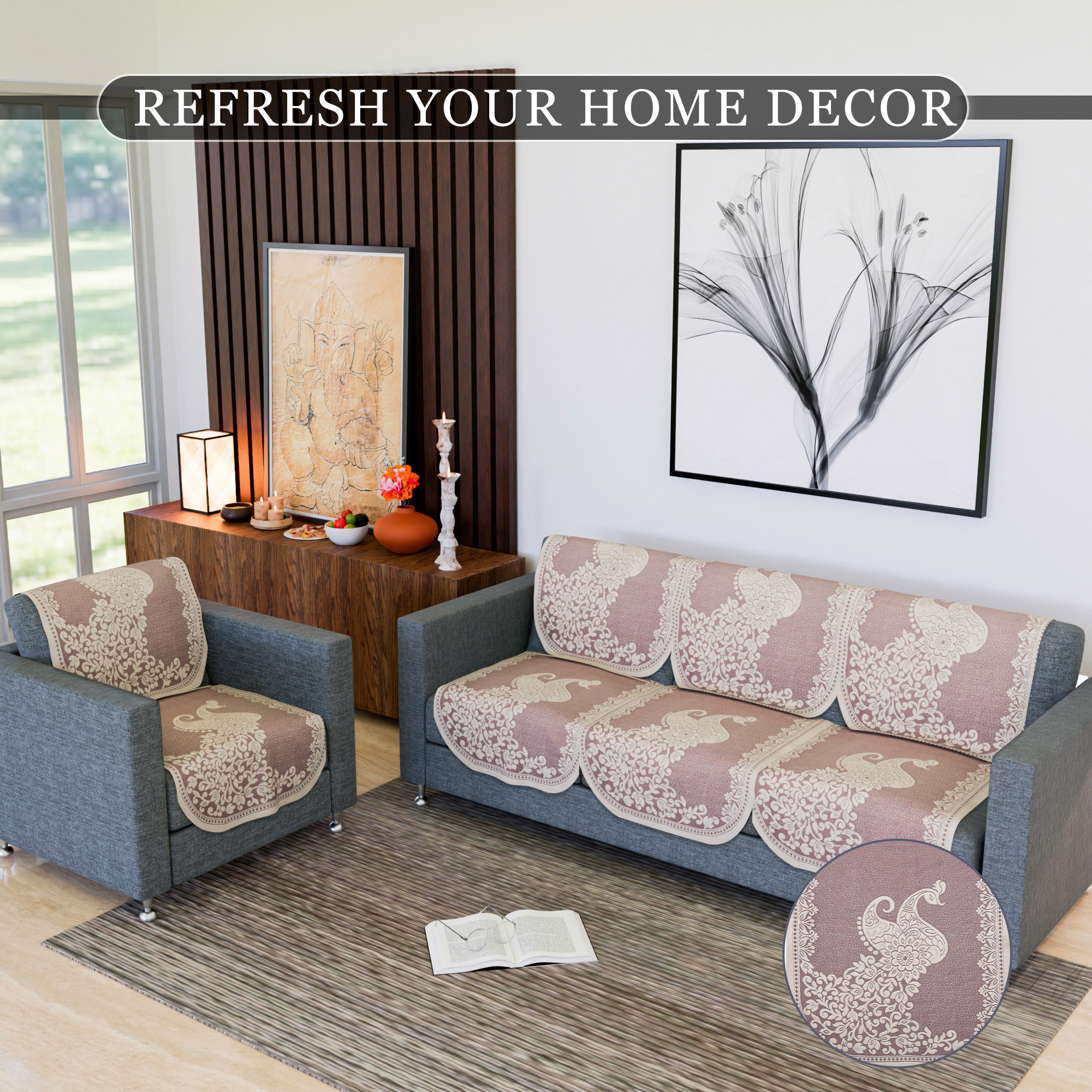 Kuber Industries Sofa Cover  Net Sofa Slipcover Set  Sofa Cover for Living Room  Sofa Slip Cover for Hall  5-Seater Sofa Cover for Home Decor  Sofa Cover Set  Peacock-Design  10 Piece  Cream