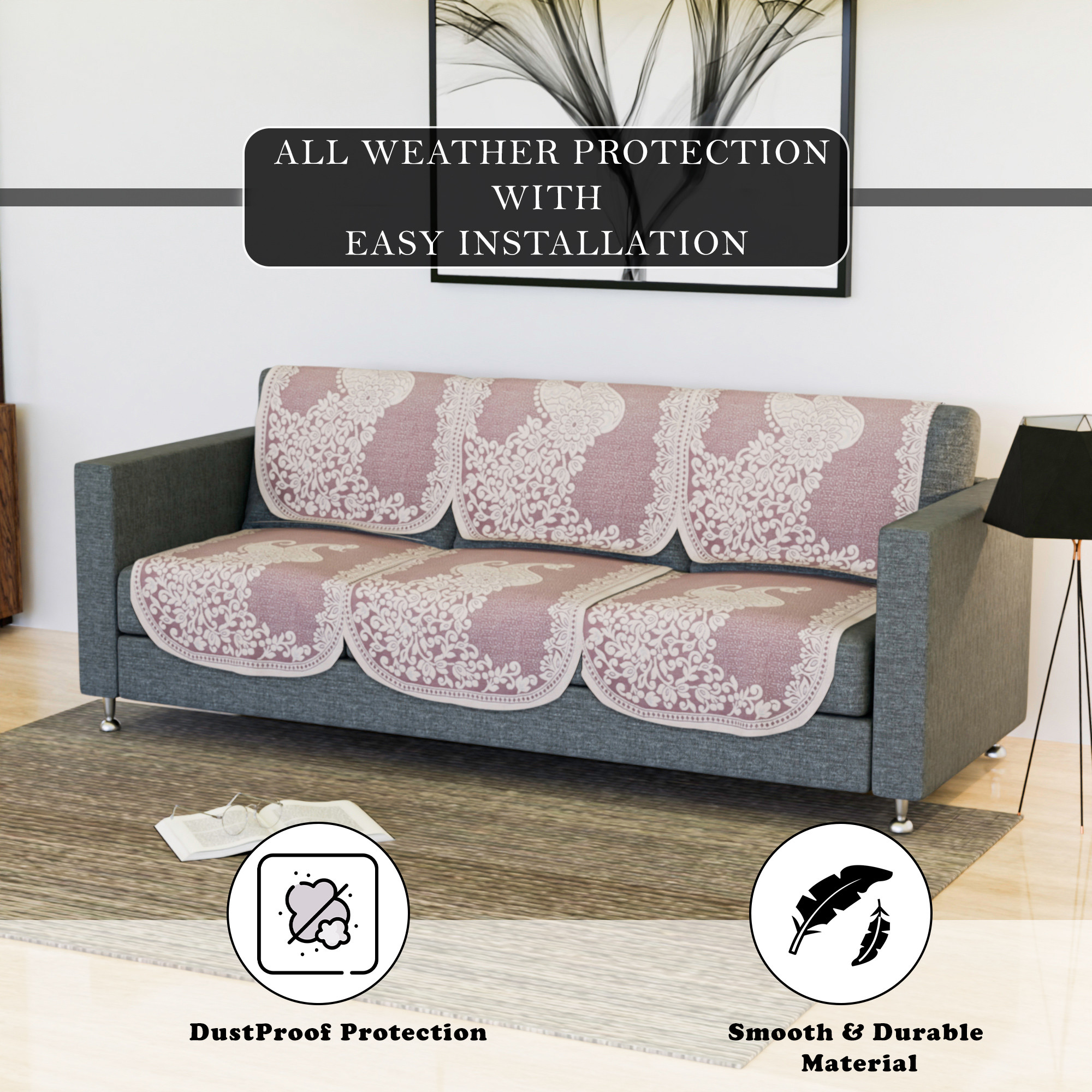 Kuber Industries Sofa Cover  Net Sofa Slipcover Set  Sofa Cover for Living Room  Sofa Slip Cover for Hall  5-Seater Sofa Cover for Home Decor  Sofa Cover Set  Peacock-Design  10 Piece  Cream