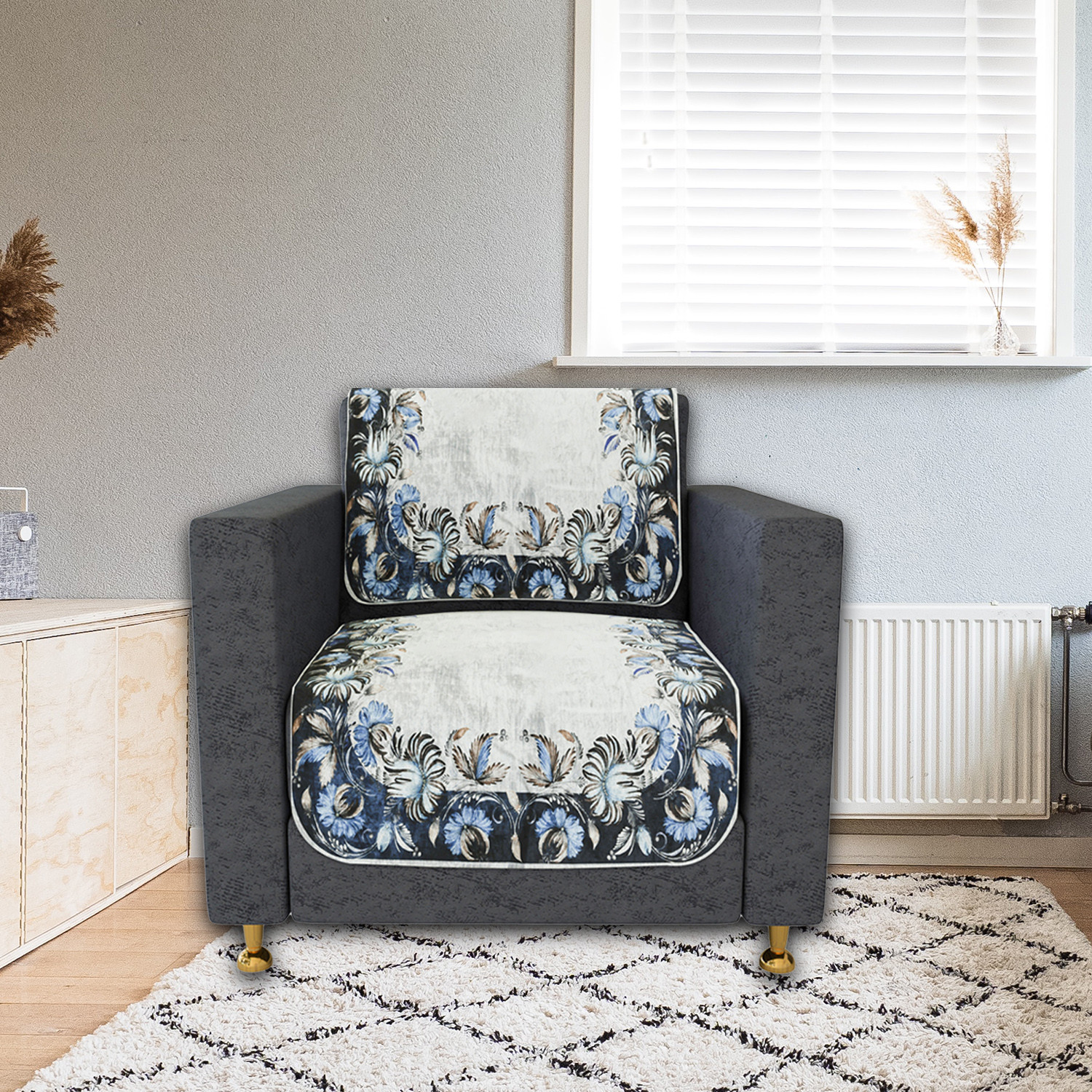 Kuber Industries Sofa Cover | Single Seater Sofa Slip Cover Set | Blue Digital Flower Sofa Cover | Velvet Couch Cover | Sofa Slipcover Set | Sofa Cover for Living Room | Gray