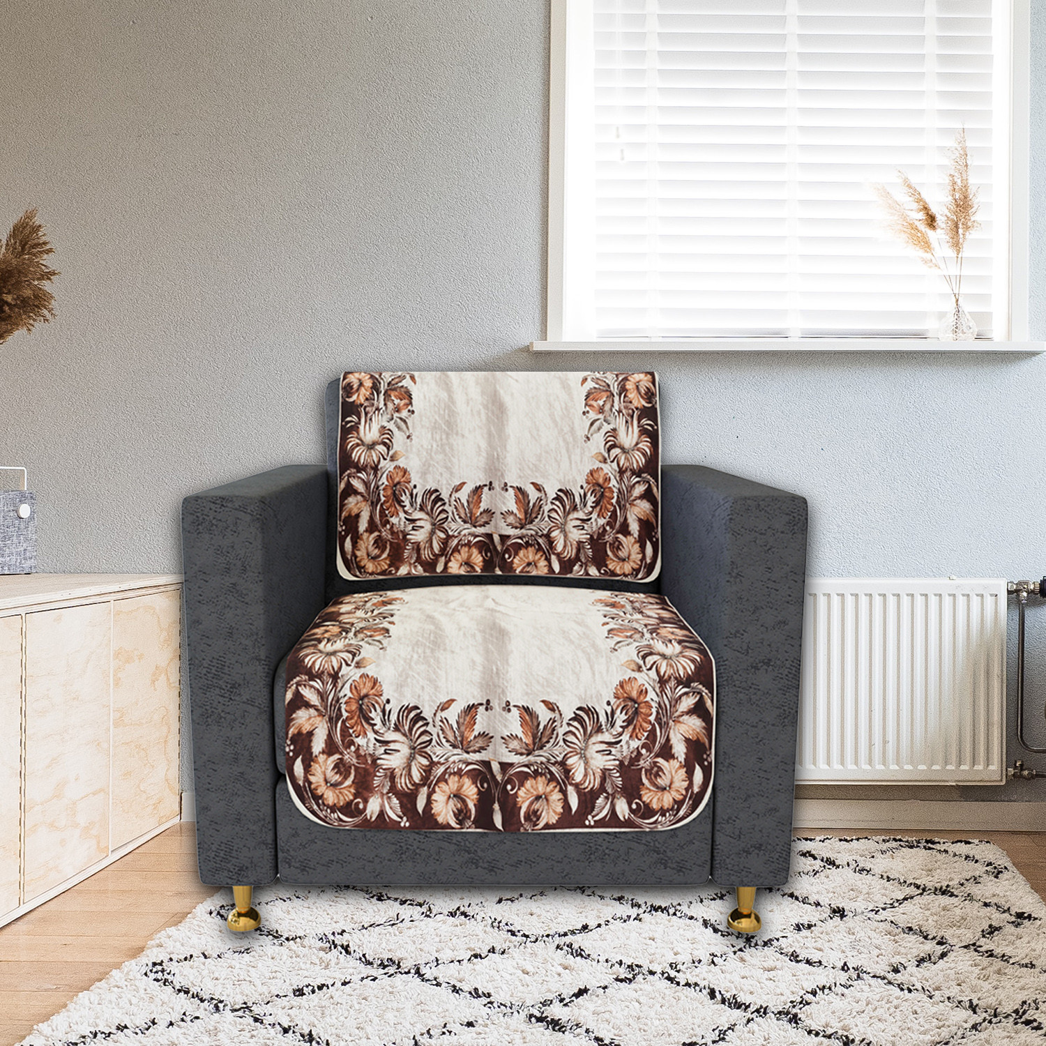Kuber Industries Sofa Cover | Single Seater Sofa Slip Cover Set | Brown Flower Sofa Cover | Velvet Couch Cover | Sofa Slipcover Set | Sofa Cover for Living Room | Cream