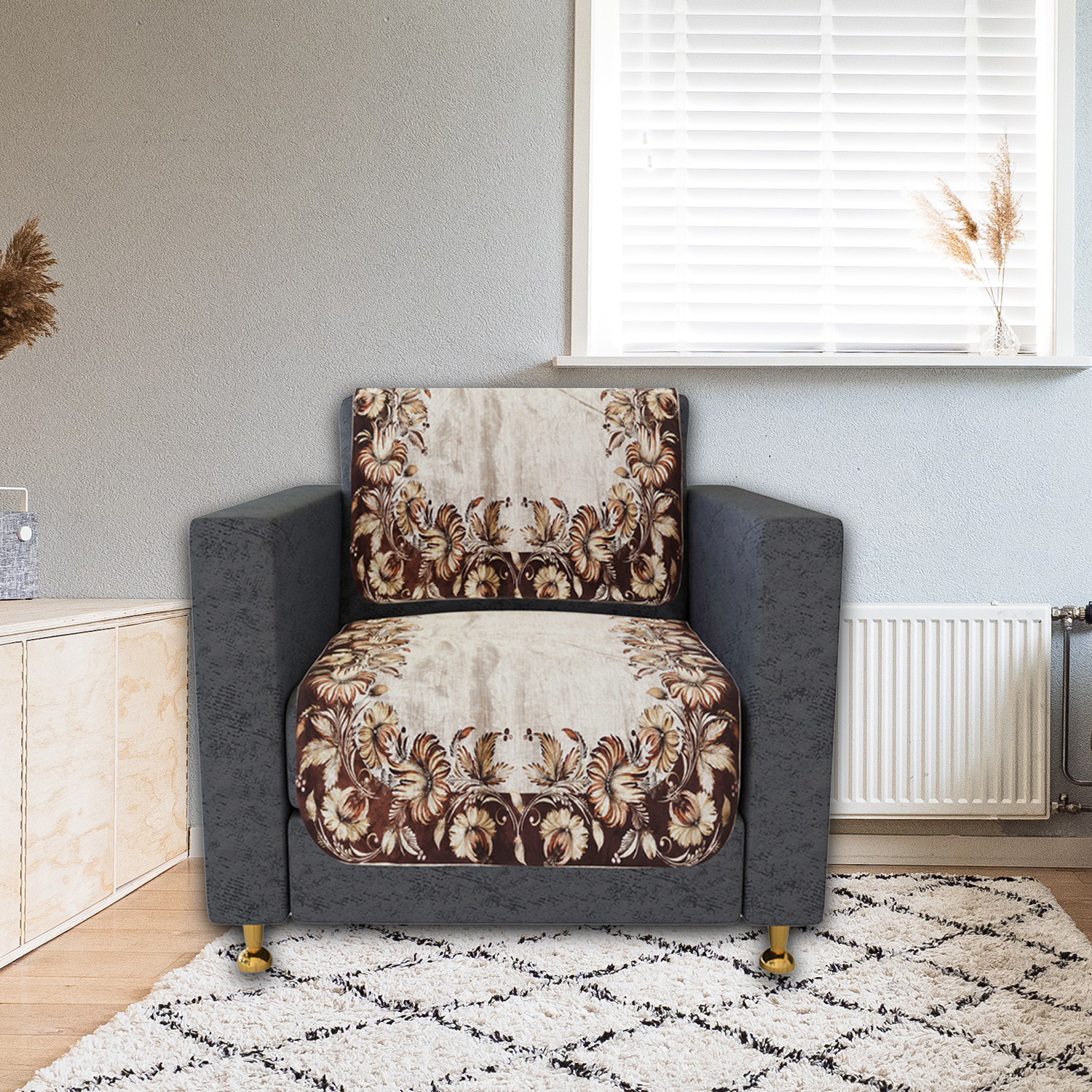 Kuber Industries Sofa Cover | Single Seater Sofa Slip Cover Set | Brown Flower Sofa Cover | Velvet Couch Cover | Sofa Slipcover Set | Sofa Cover for Living Room | Golden