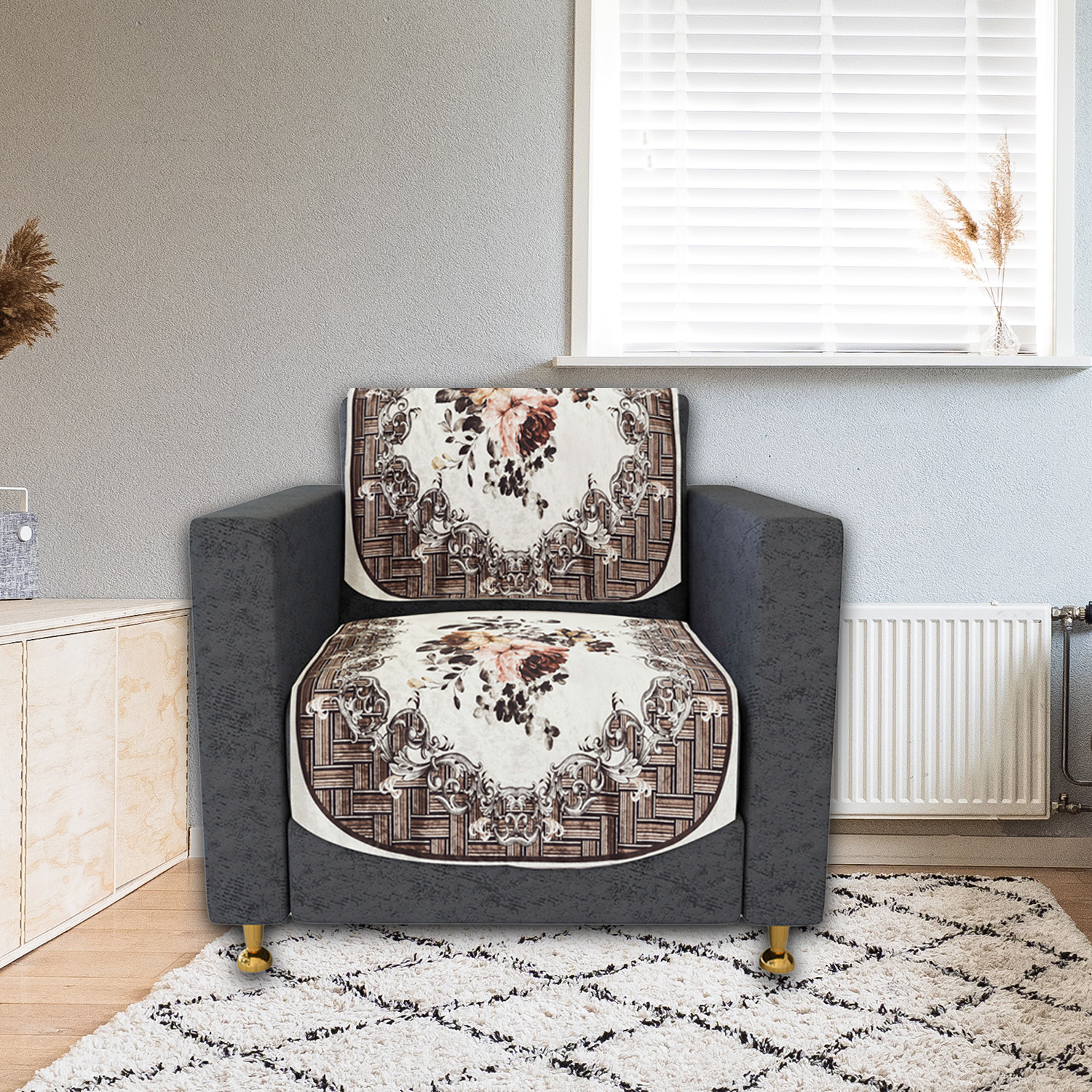 Kuber Industries Sofa Cover | Single Seater Sofa Slip Cover Set | Check Border Sofa Cover | Velvet Couch Cover | Sofa Slipcover Set | Sofa Cover for Living Room | Brown