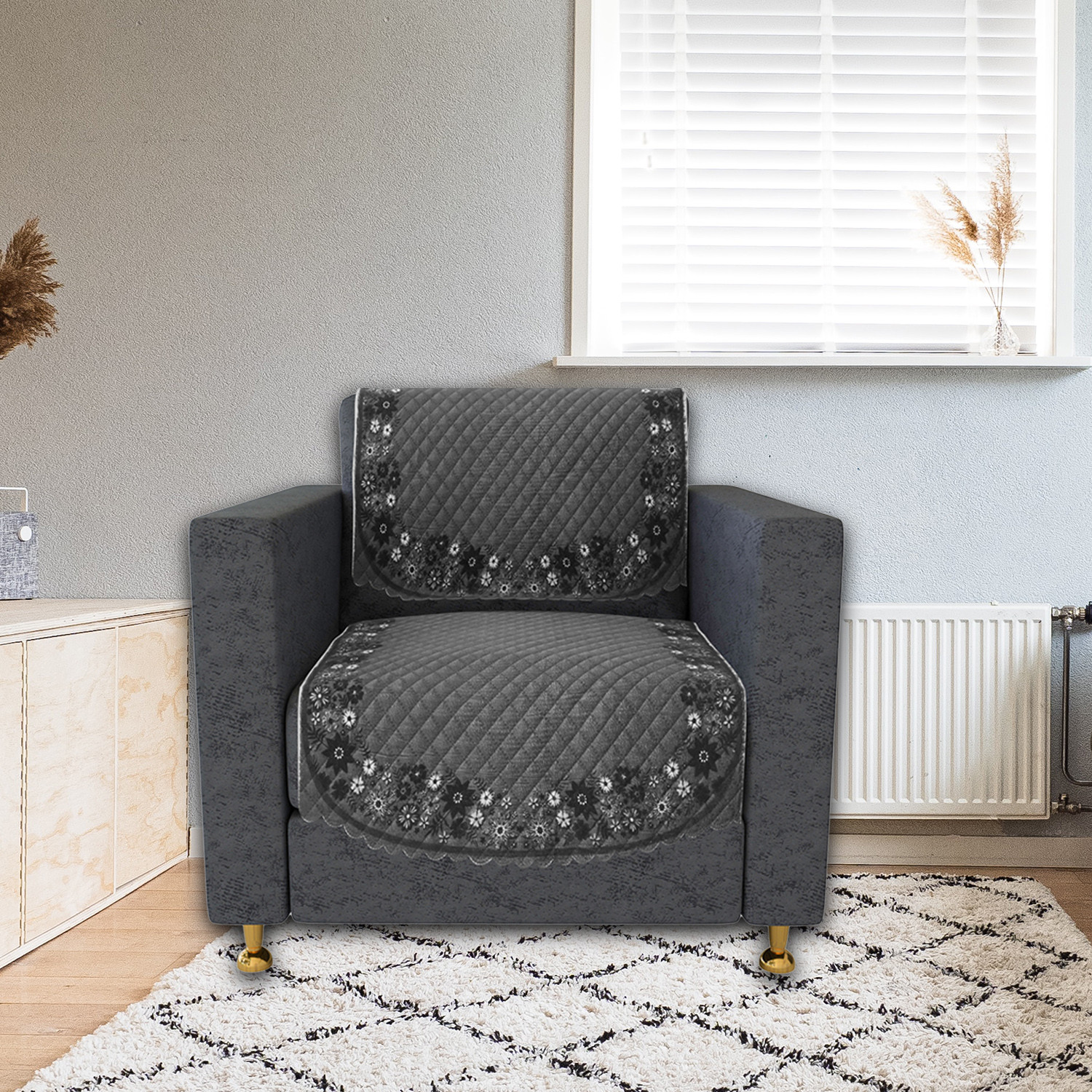 Kuber Industries Sofa Cover | Single Seater Sofa Slip Cover Set | Digital Painting Sofa Cover | SUEDE Ultra Sonic Couch Cover | Sofa Slipcover Set Living Room | Gray