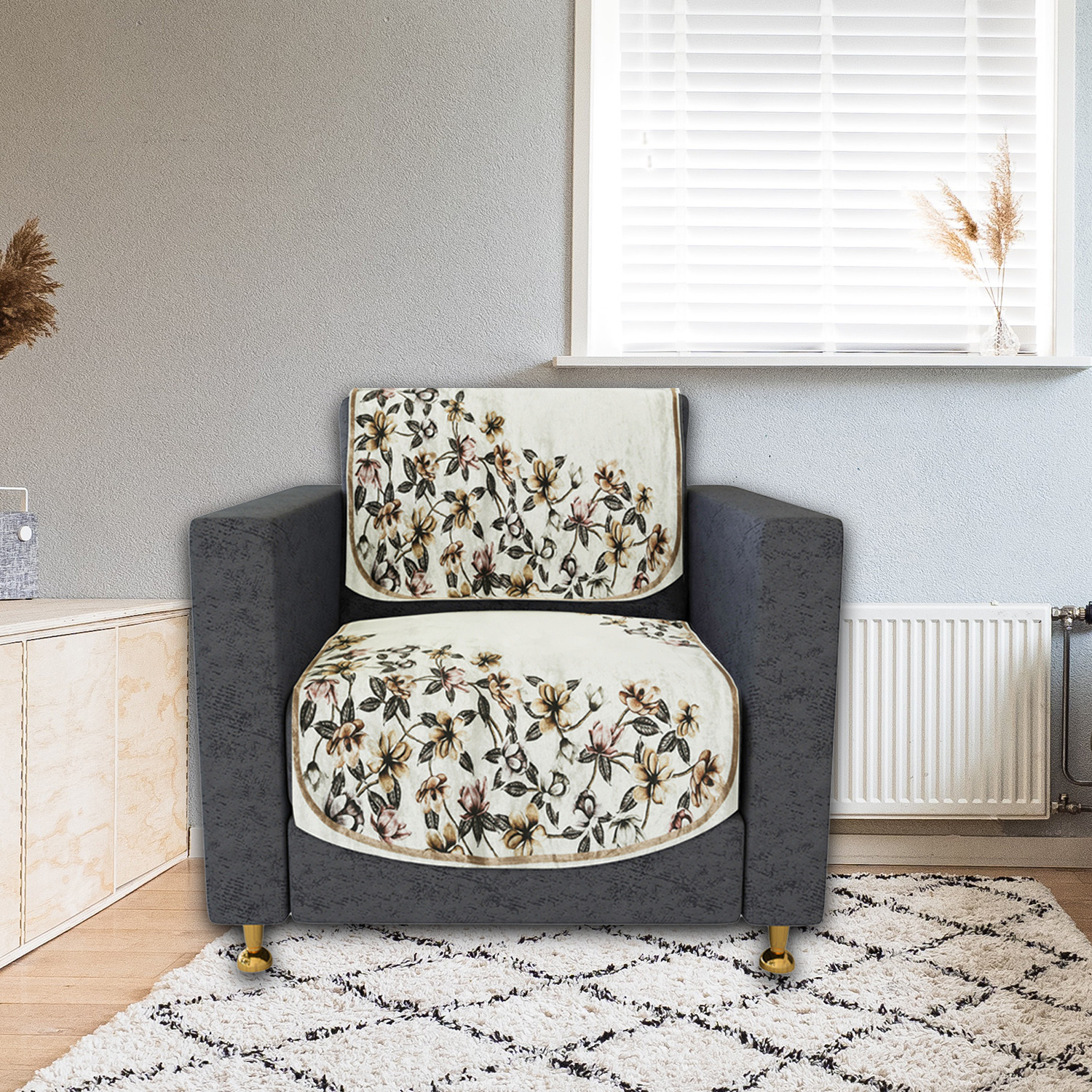 Kuber Industries Sofa Cover | Single Seater Sofa Slip Cover Set | Side Flower Sofa Cover | Velvet Couch Cover | Sofa Slipcover Set | Sofa Cover for Living Room | Cream