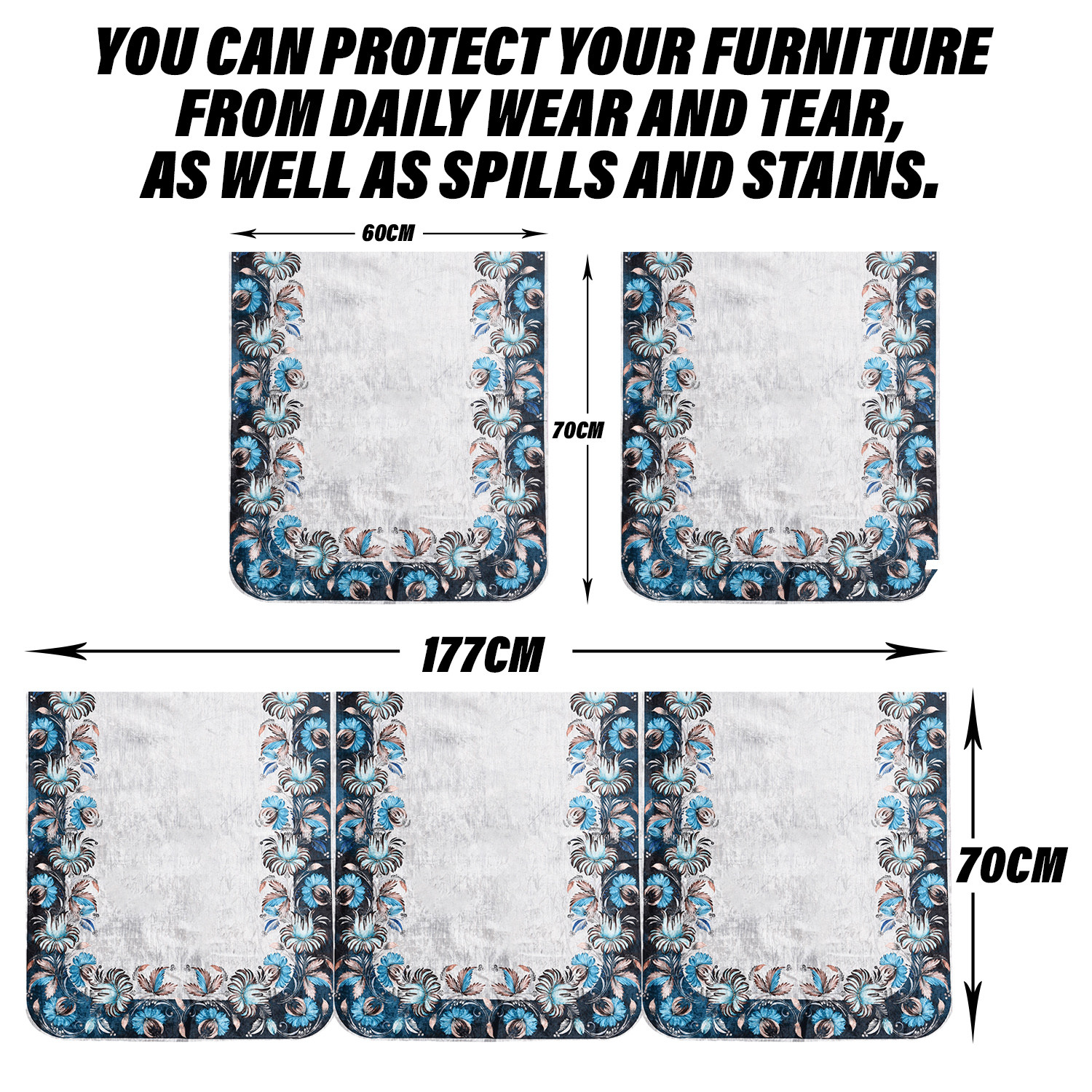 Kuber Industries Sofa Cover | Sofa & Center Table Cover Set | Blue Digital Flower Sofa Cover with Table Cover | Velvet 5 Seater Sofa & Table Cover Set For Living Room | Gray