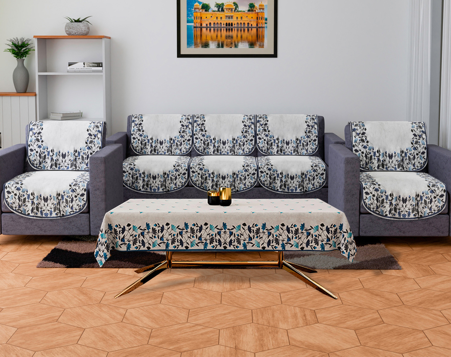 Kuber Industries Sofa Cover | Sofa & Center Table Cover Set | Blue Digital Leaf Sofa Cover with Table Cover | Velvet 5 Seater Sofa & Table Cover Set For Living Room | Gray