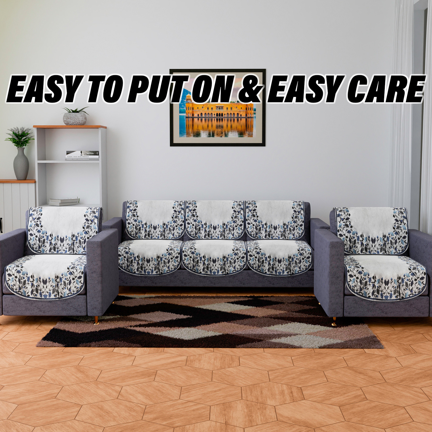 Kuber Industries Sofa Cover | Sofa & Center Table Cover Set | Blue Digital Leaf Sofa Cover with Table Cover | Velvet 5 Seater Sofa & Table Cover Set For Living Room | Gray