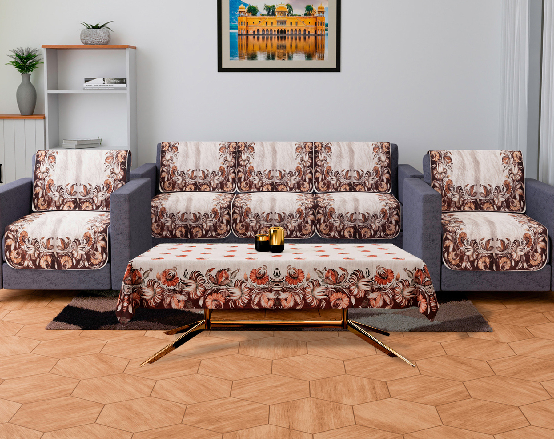 Kuber Industries Sofa Cover | Sofa & Center Table Cover Set | Brown Flower Sofa Cover with Table Cover | Velvet 5 Seater Sofa & Table Cover Set For Living Room | Cream