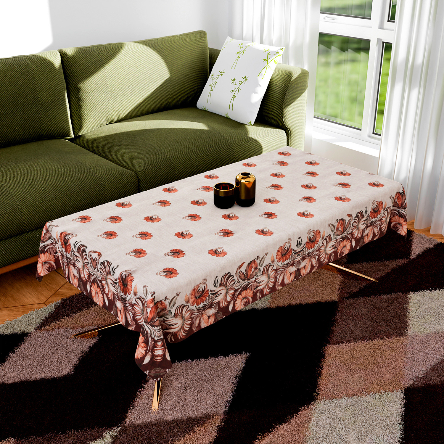 Kuber Industries Sofa Cover | Sofa & Center Table Cover Set | Brown Flower Sofa Cover with Table Cover | Velvet 5 Seater Sofa & Table Cover Set For Living Room | Cream