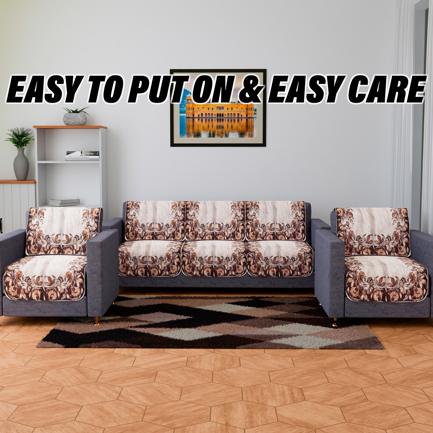 Kuber Industries Sofa Cover | Sofa & Center Table Cover Set | Brown Flower Sofa Cover with Table Cover | Velvet 5 Seater Sofa & Table Cover Set For Living Room | Cream