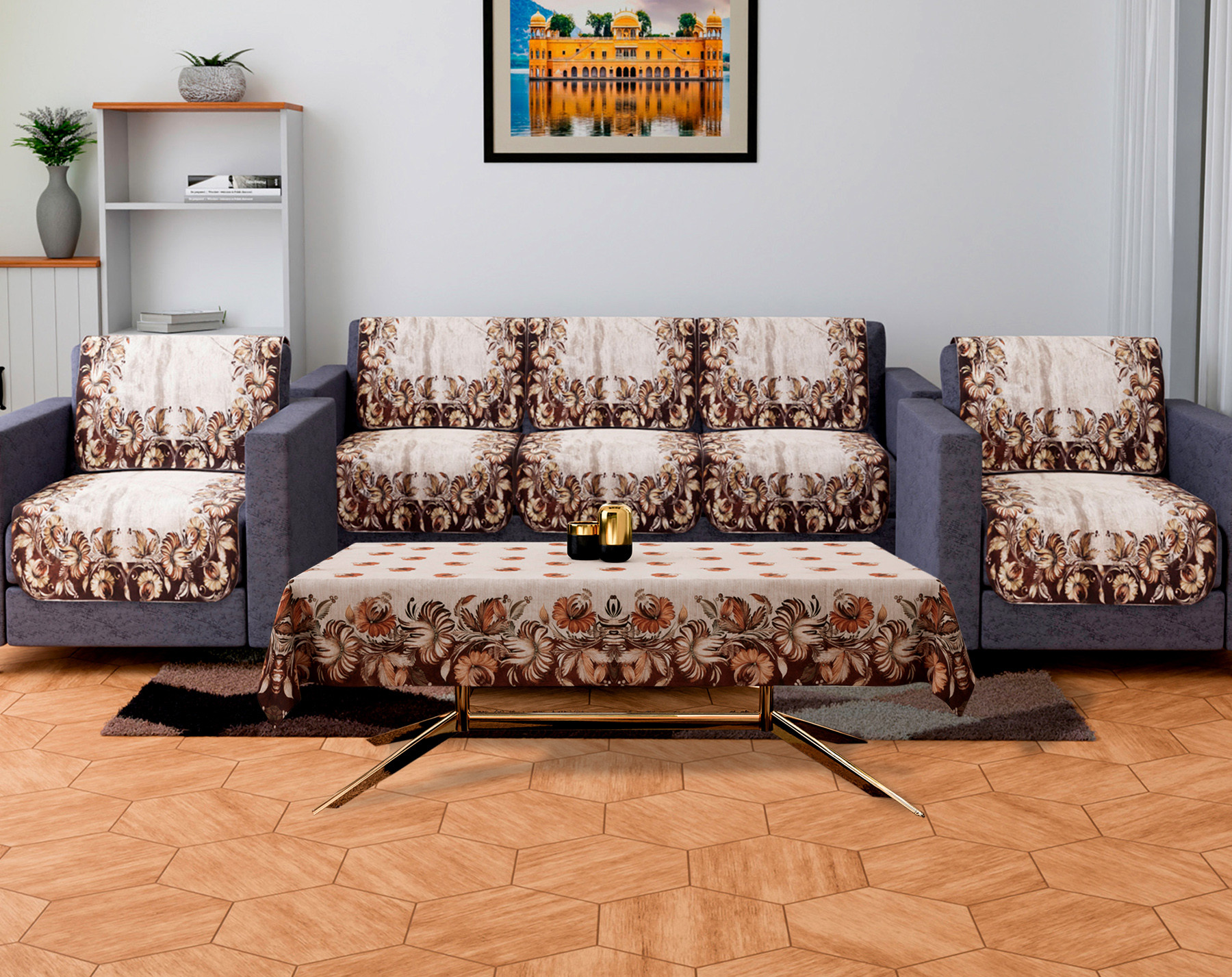 Kuber Industries Sofa Cover | Sofa & Center Table Cover Set | Brown Flower Sofa Cover with Table Cover | Velvet 5 Seater Sofa & Table Cover Set For Living Room | Golden